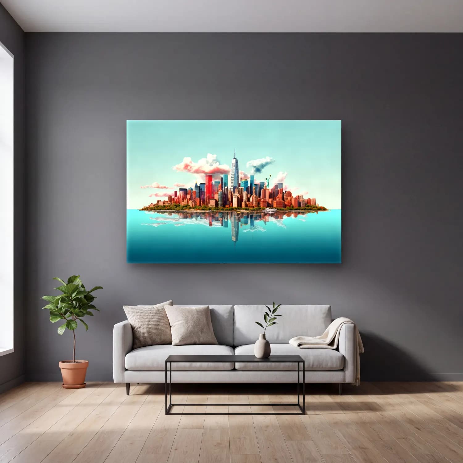 Pastel New York Silüeti – Turkuaz Tonlar cam tablo — gri duvarlı salonda