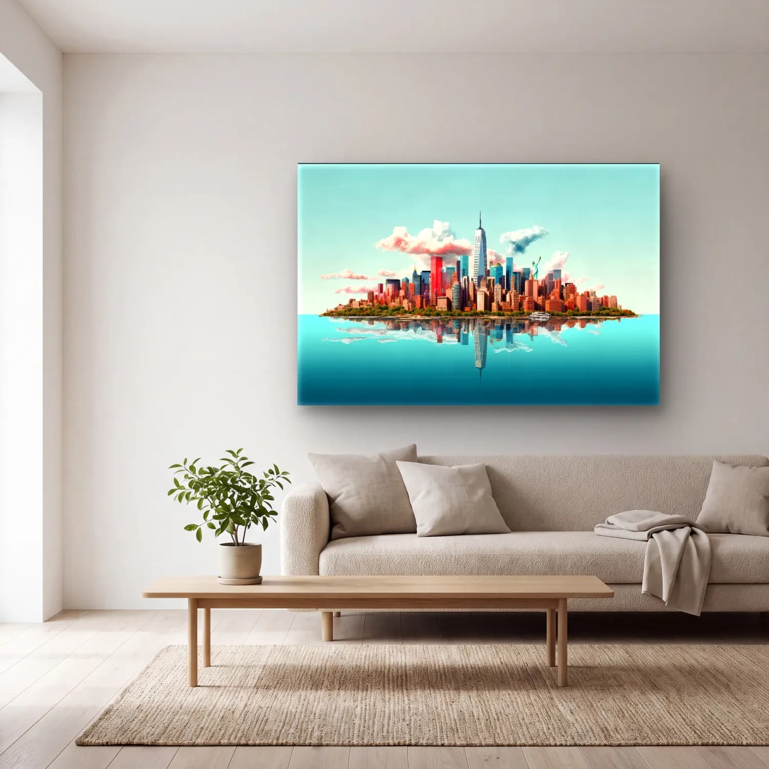 Pastel New York Silüeti – Turkuaz Tonlar cam tablo — açık renk salonda