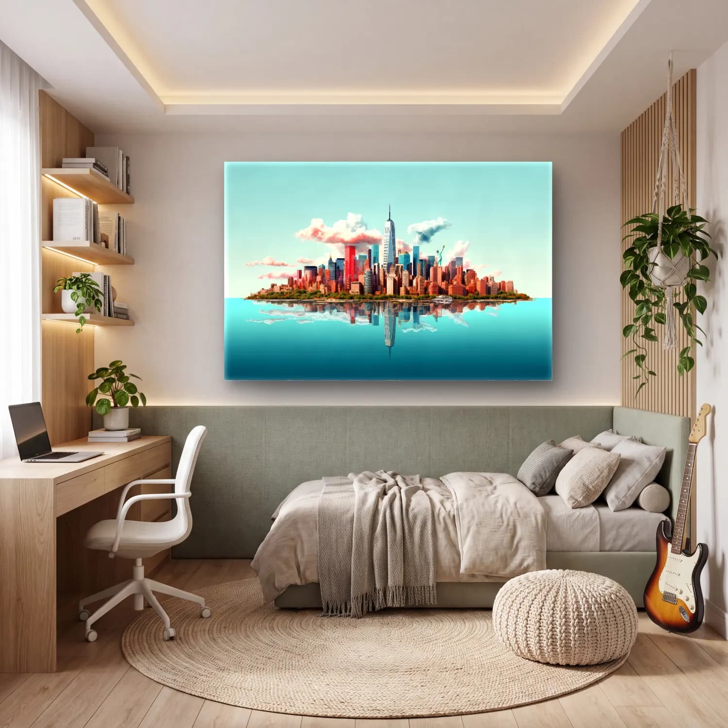Pastel New York Silüeti – Turkuaz Tonlar cam tablo — genç odasında