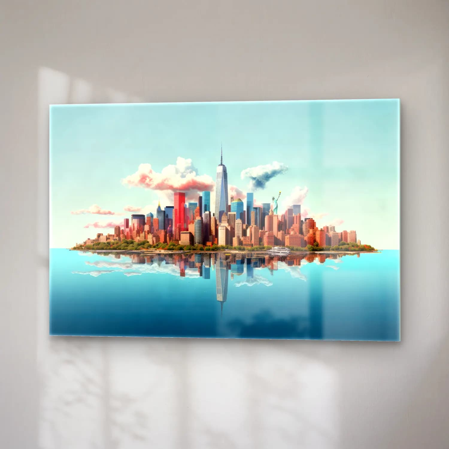 Pastel New York Silüeti – Turkuaz Tonlar cam tablo — sağ açıdan görünüm