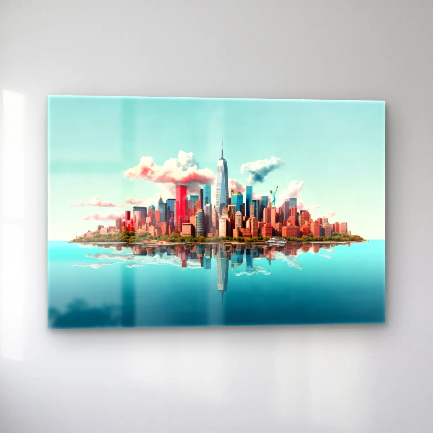 Pastel New York Silüeti – Turkuaz Tonlar cam tablo — sol açıdan görünüm