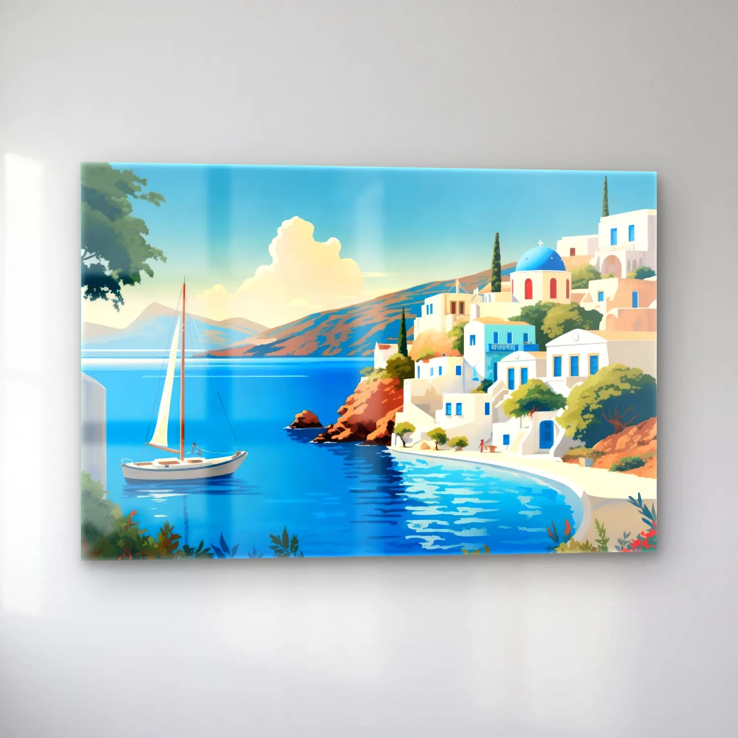 Vintage Yunan Adası cam tablo — sol açıdan görünüm