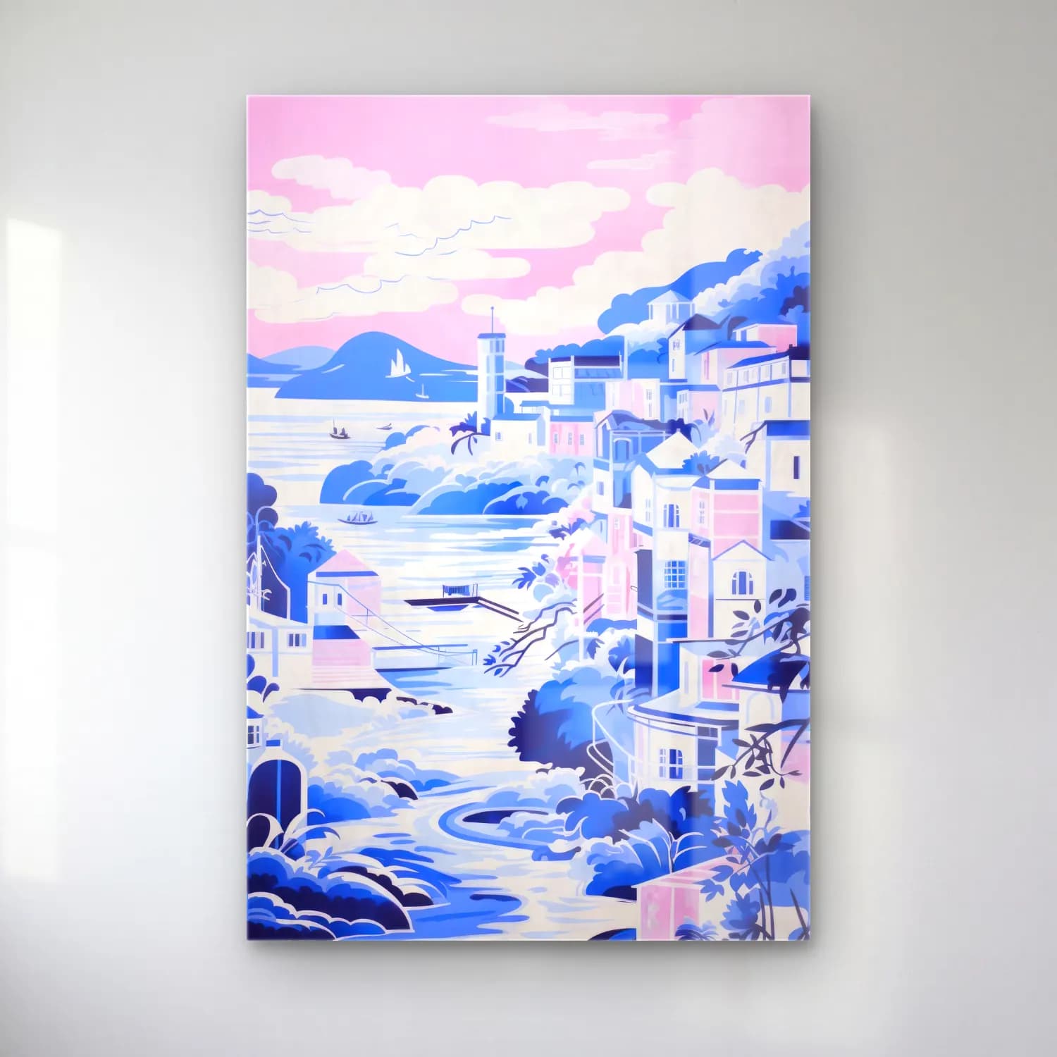 Pastel Akdeniz Sahil Kasabası No. 6 cam tablo — Pastel Akdeniz Sahil Kasabası No. 6 — pastel akdeniz sahil kasabası