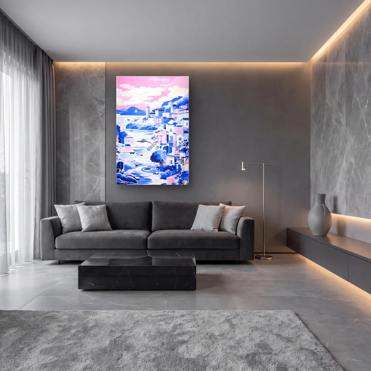 Pastel Akdeniz Sahil Kasabası No. 6 cam tablo — lüks salon duvarında