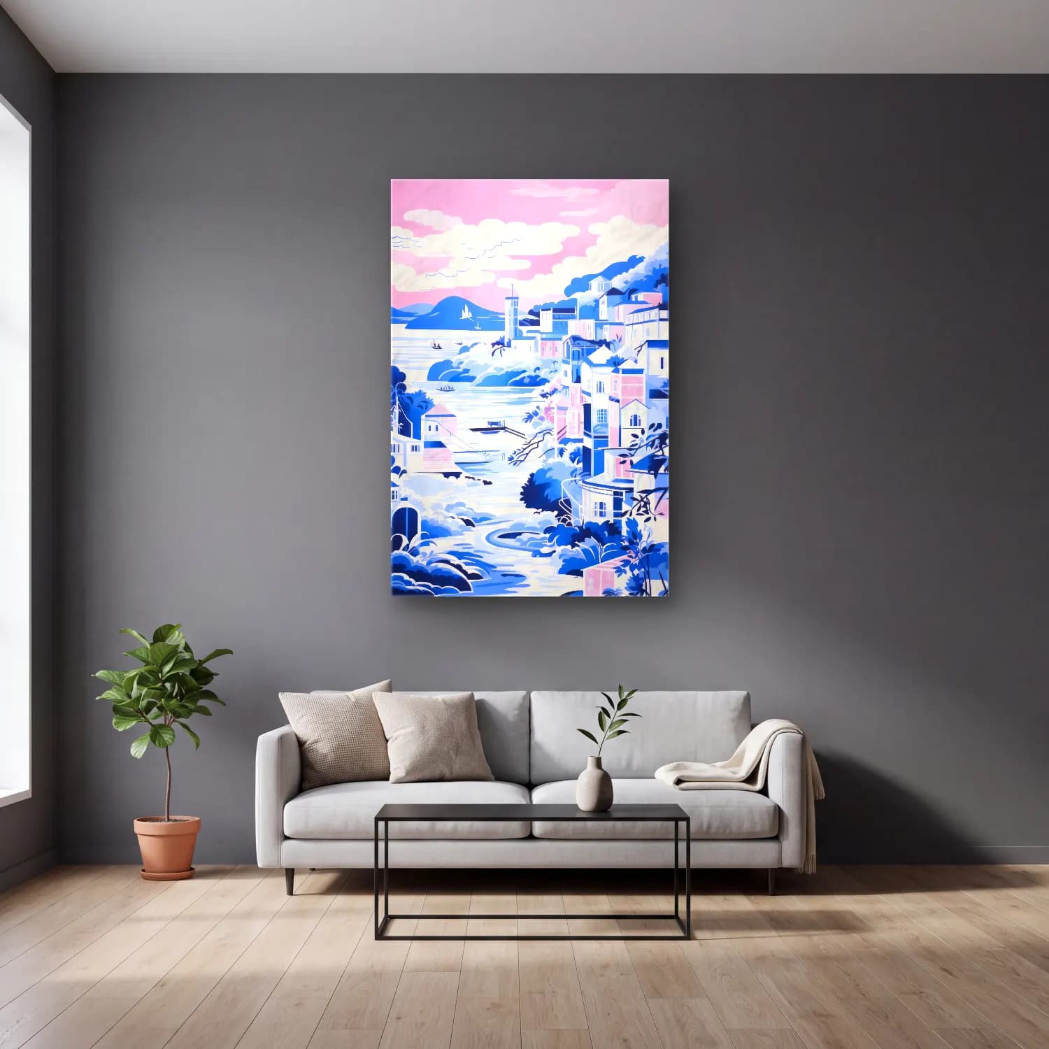 Pastel Akdeniz Sahil Kasabası No. 6 cam tablo — gri duvarlı salonda