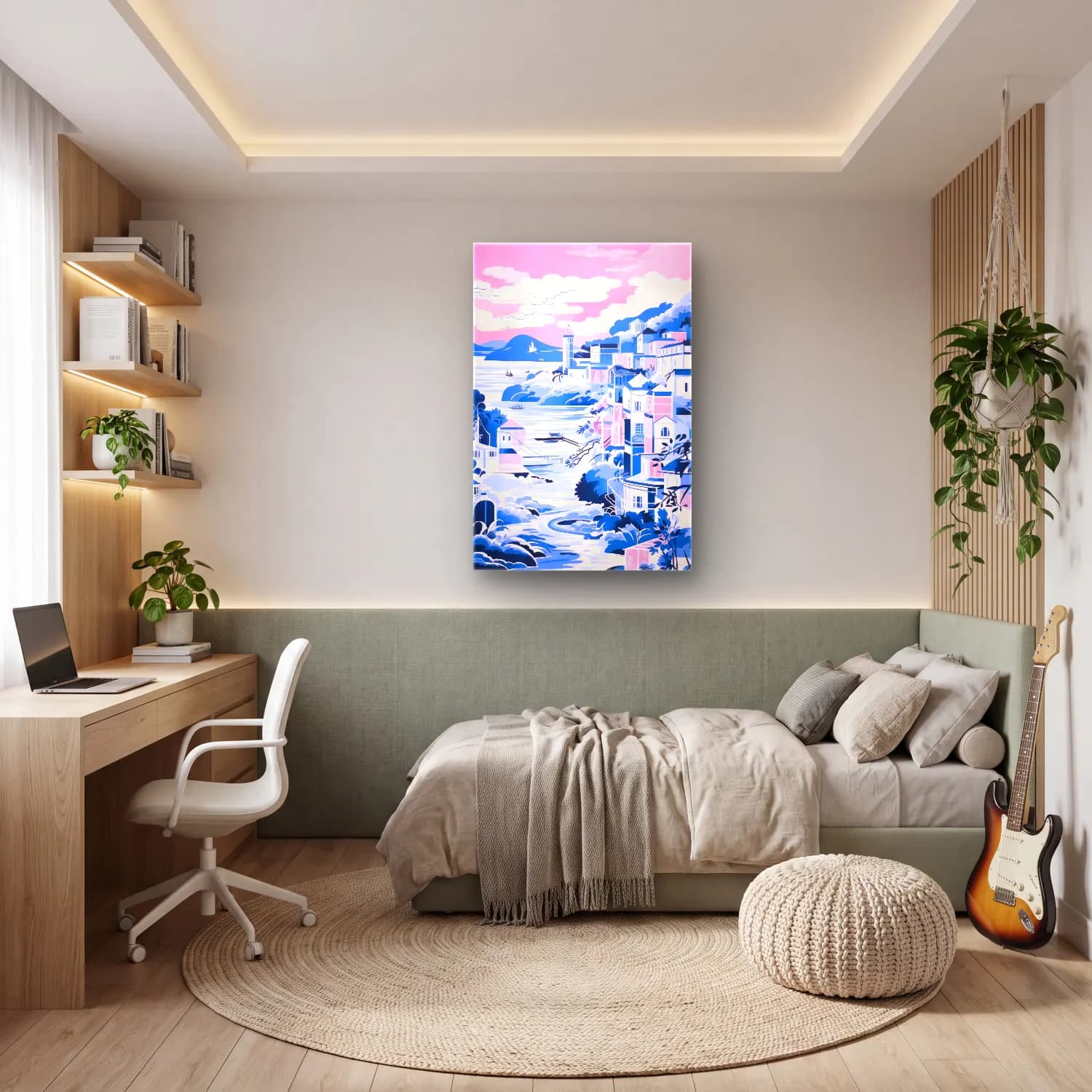 Pastel Akdeniz Sahil Kasabası No. 6 cam tablo — genç odasında