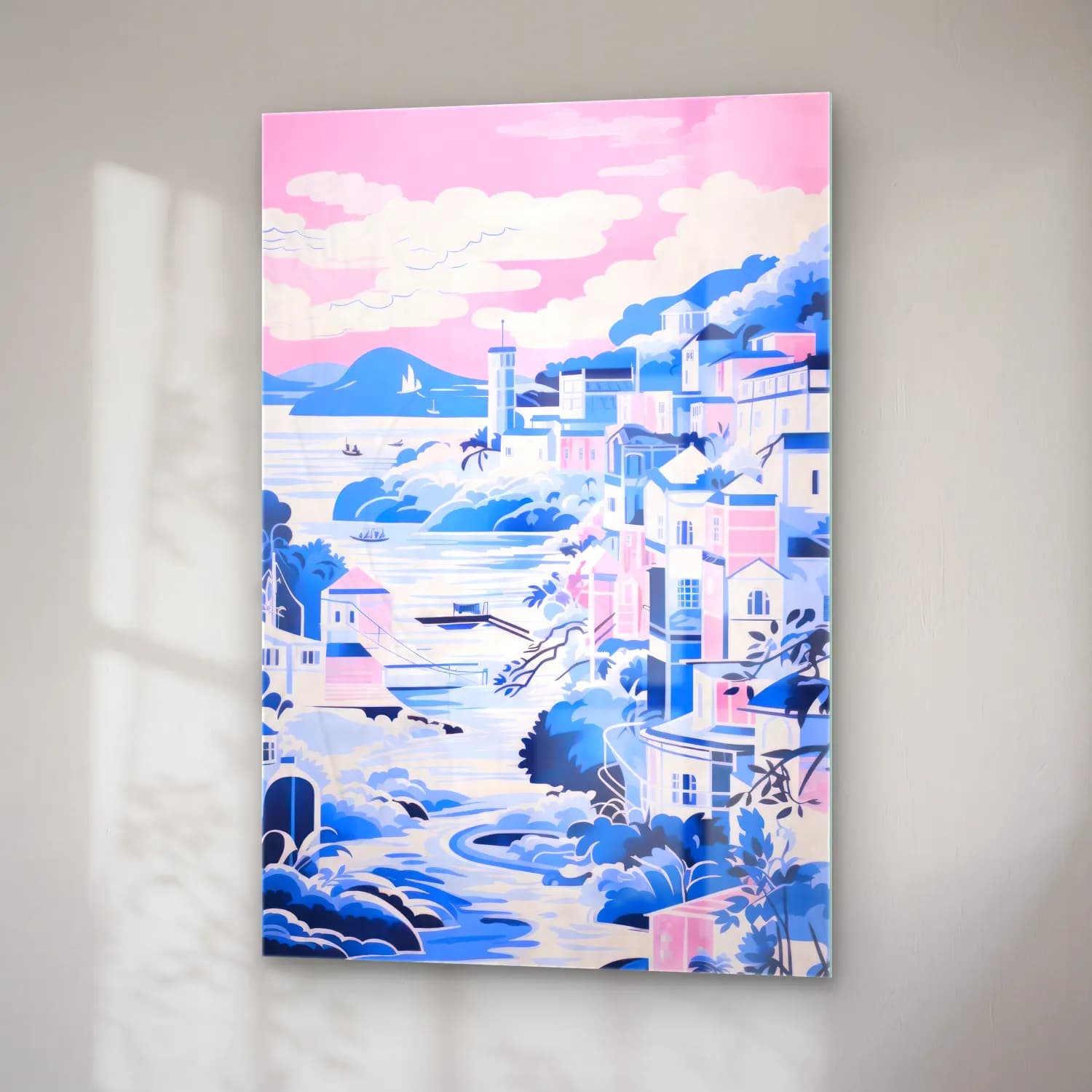 Pastel Akdeniz Sahil Kasabası No. 6 cam tablo — sağ açıdan görünüm