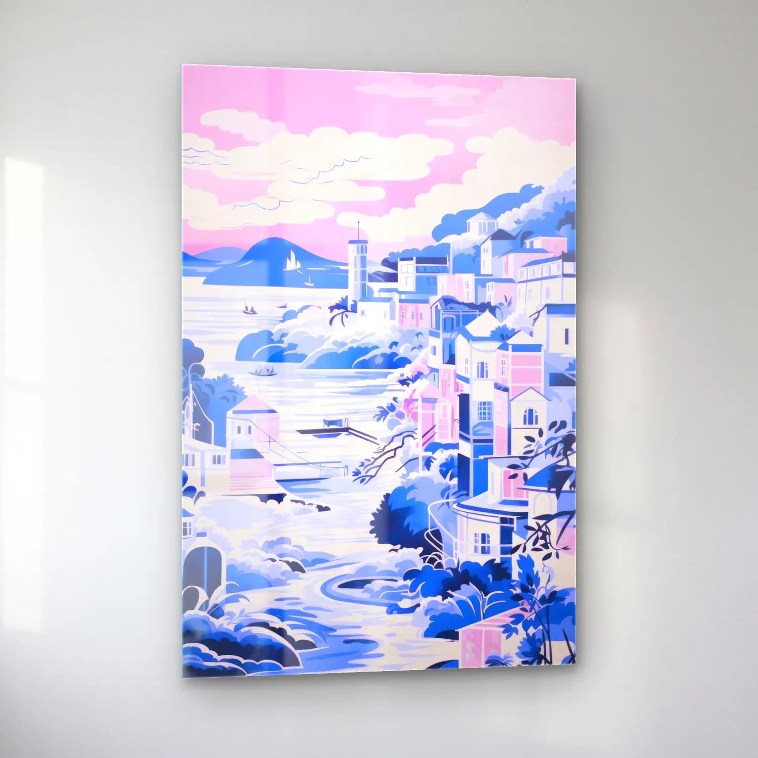 Pastel Akdeniz Sahil Kasabası No. 6 cam tablo — sol açıdan görünüm