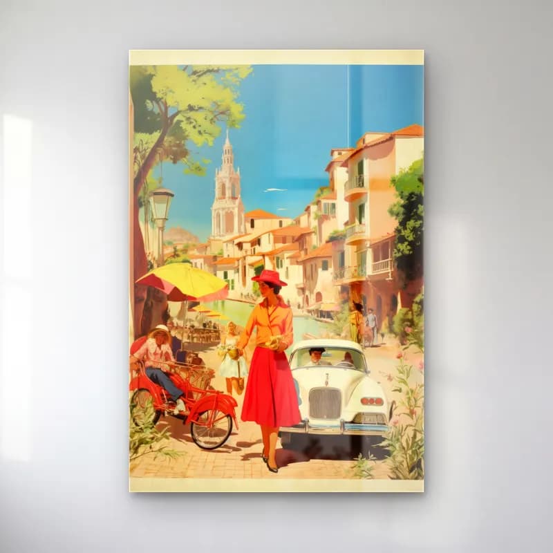 Vintage Poster Akdeniz Sahil Kasabası – Kırmızı Tonlar cam tablo — Vintage Poster Akdeniz Sahil Kasabası – Kırmızı Tonlar — vintage poster akdeniz sahil kasabası
