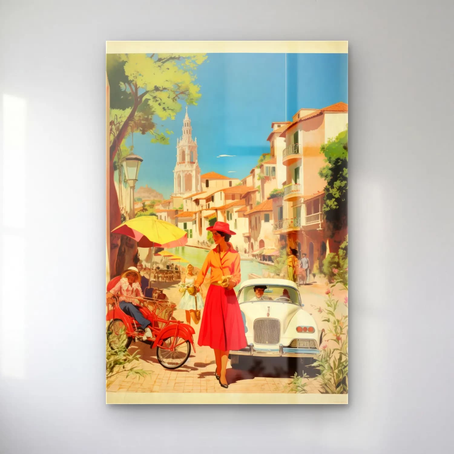 Vintage Poster Akdeniz Sahil Kasabası – Kırmızı Tonlar cam tablo — Vintage Poster Akdeniz Sahil Kasabası – Kırmızı Tonlar — vintage poster akdeniz sahil kasabası