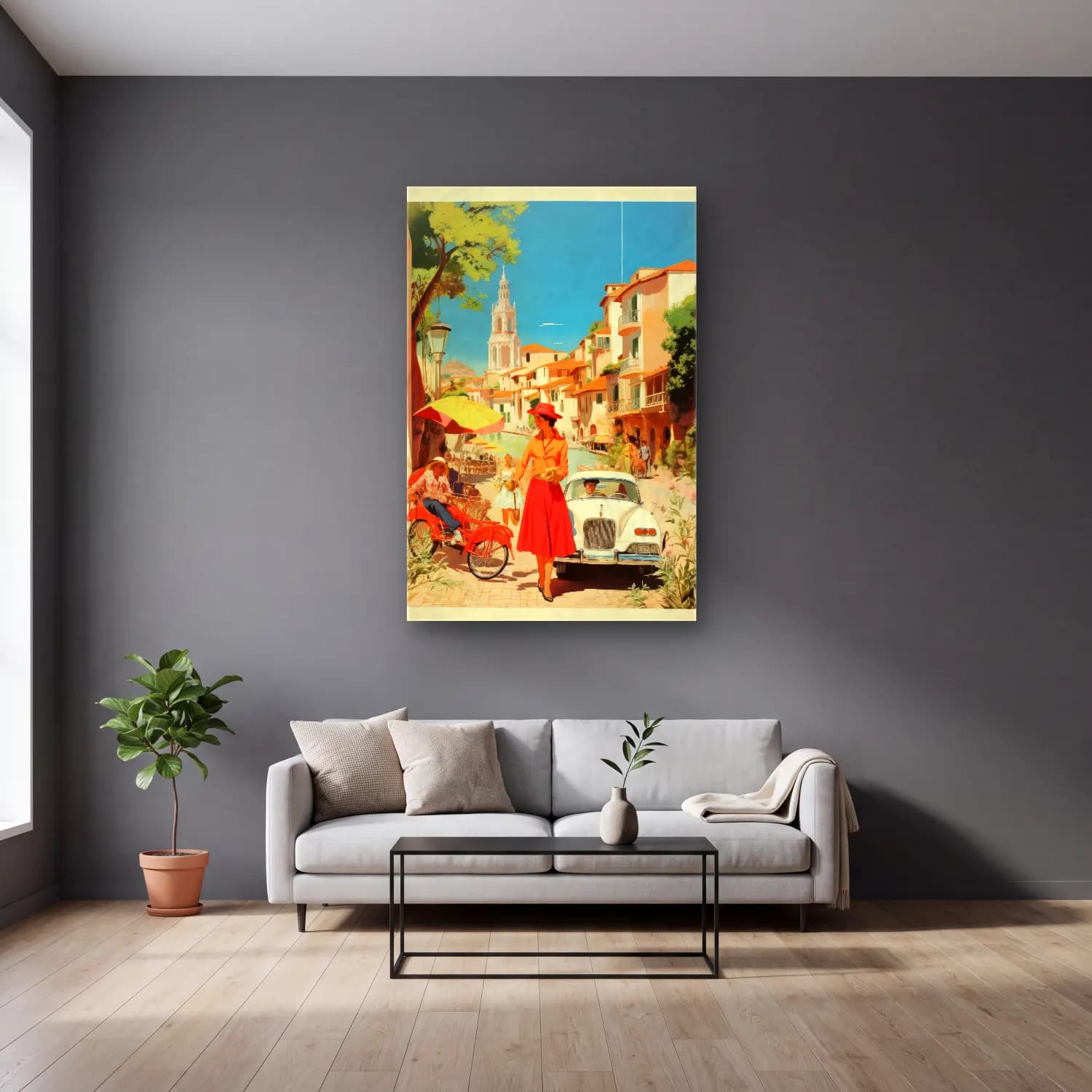 Vintage Poster Akdeniz Sahil Kasabası – Kırmızı Tonlar cam tablo — gri duvarlı salonda