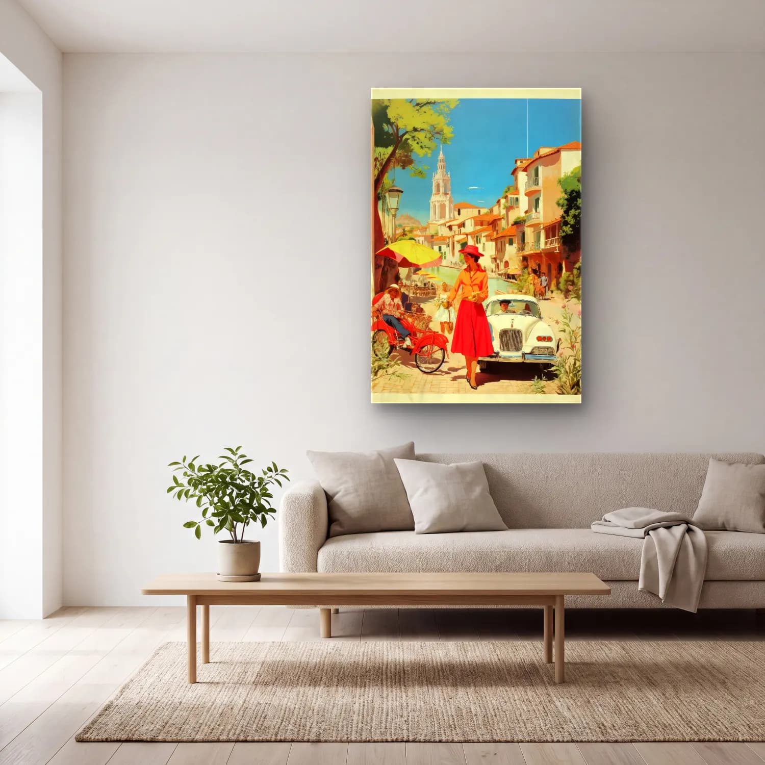 Vintage Poster Akdeniz Sahil Kasabası – Kırmızı Tonlar cam tablo — açık renk salonda