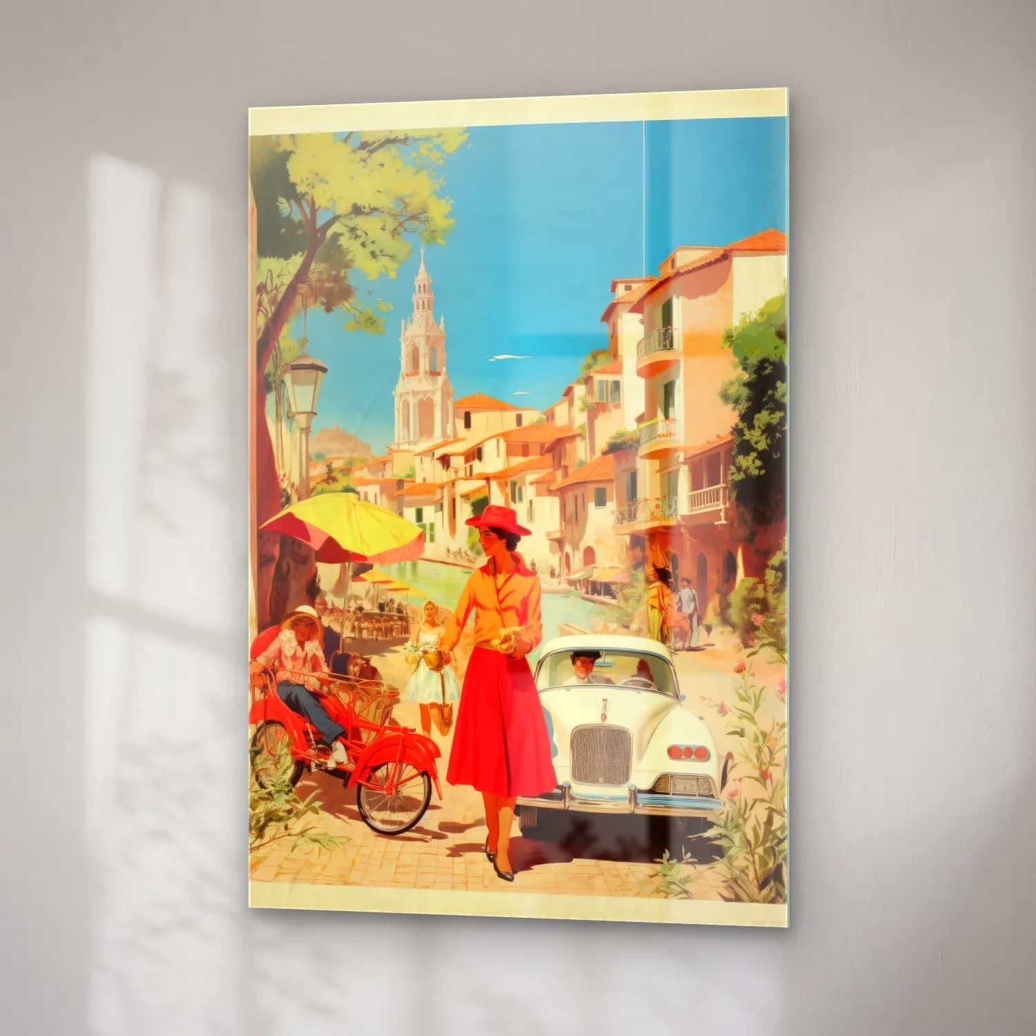 Vintage Poster Akdeniz Sahil Kasabası – Kırmızı Tonlar cam tablo — sağ açıdan görünüm