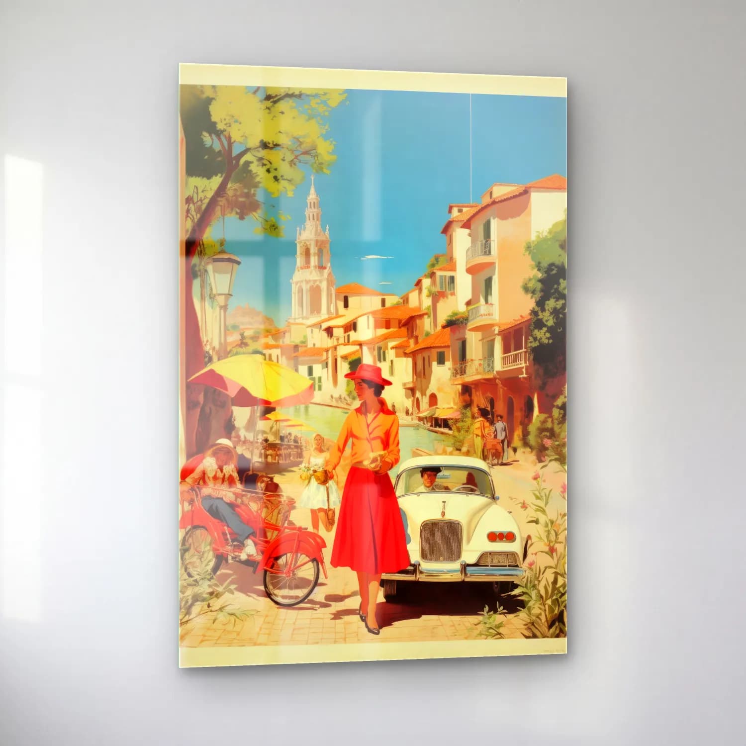 Vintage Poster Akdeniz Sahil Kasabası – Kırmızı Tonlar cam tablo — sol açıdan görünüm