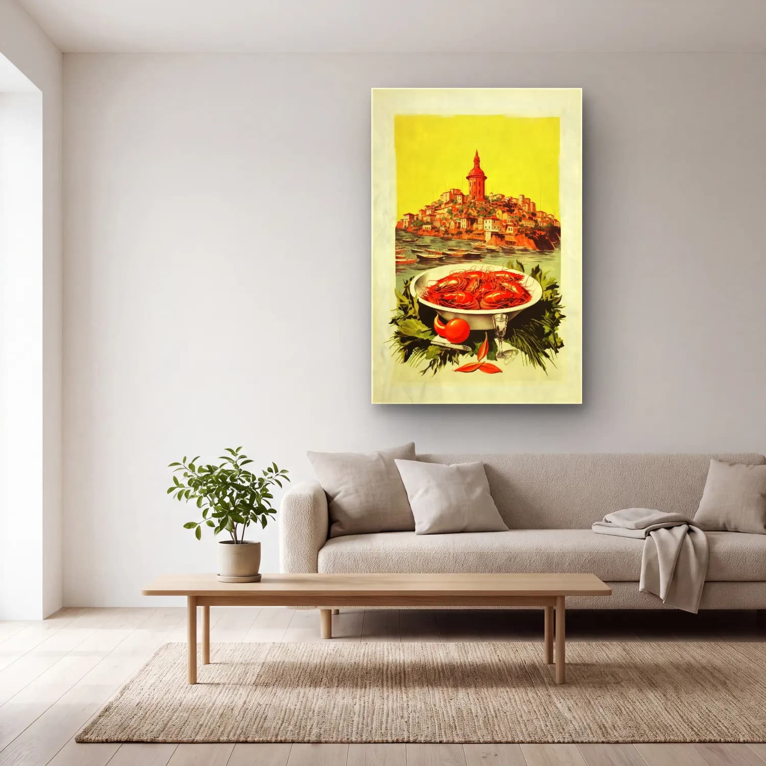 Vintage Poster Akdeniz Sahil Kasabası No. 21 cam tablo — açık renk salonda