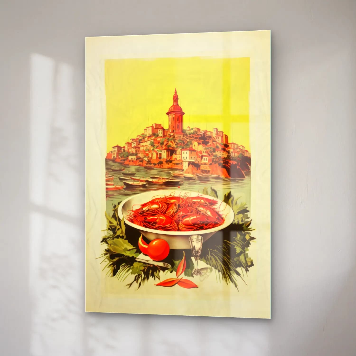 Vintage Poster Akdeniz Sahil Kasabası No. 21 cam tablo — sağ açıdan görünüm
