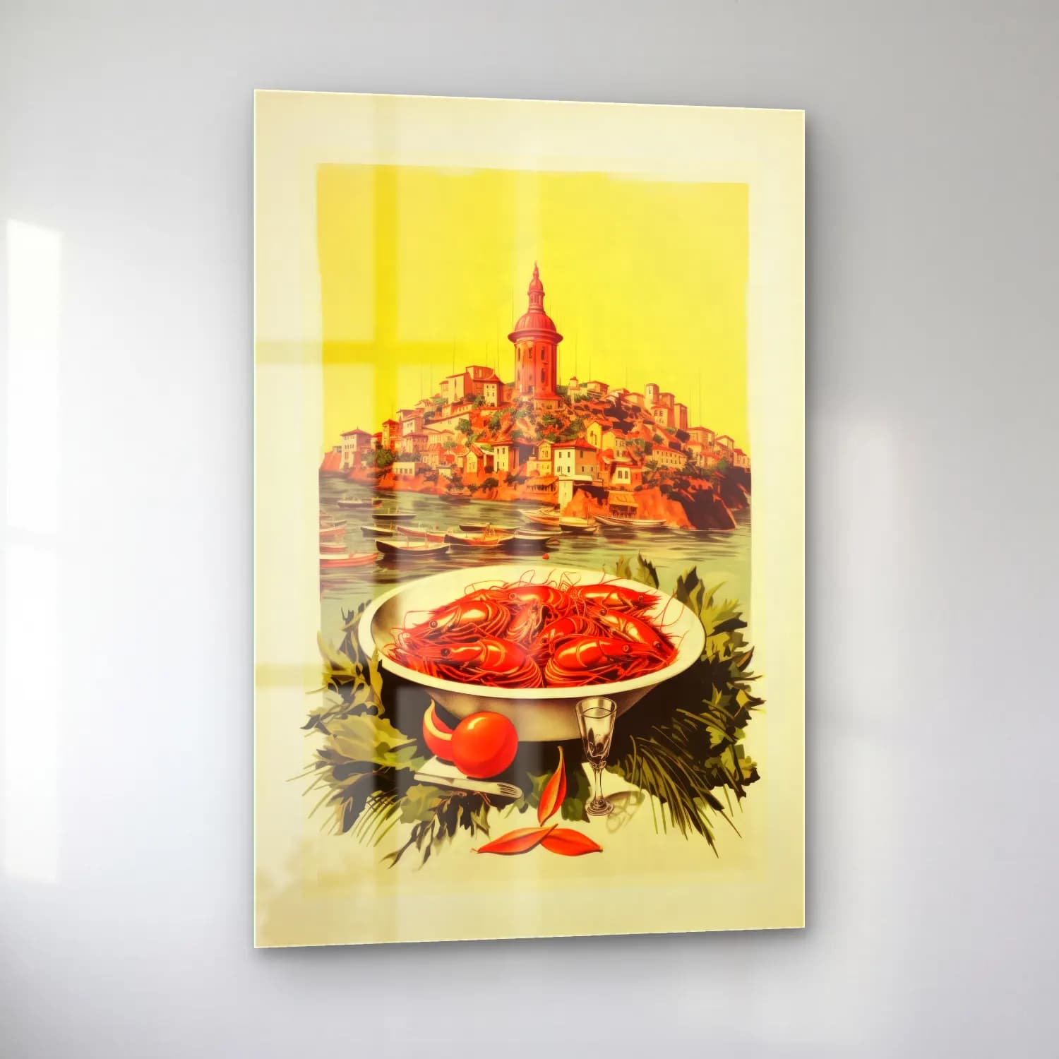 Vintage Poster Akdeniz Sahil Kasabası No. 21 cam tablo — sol açıdan görünüm