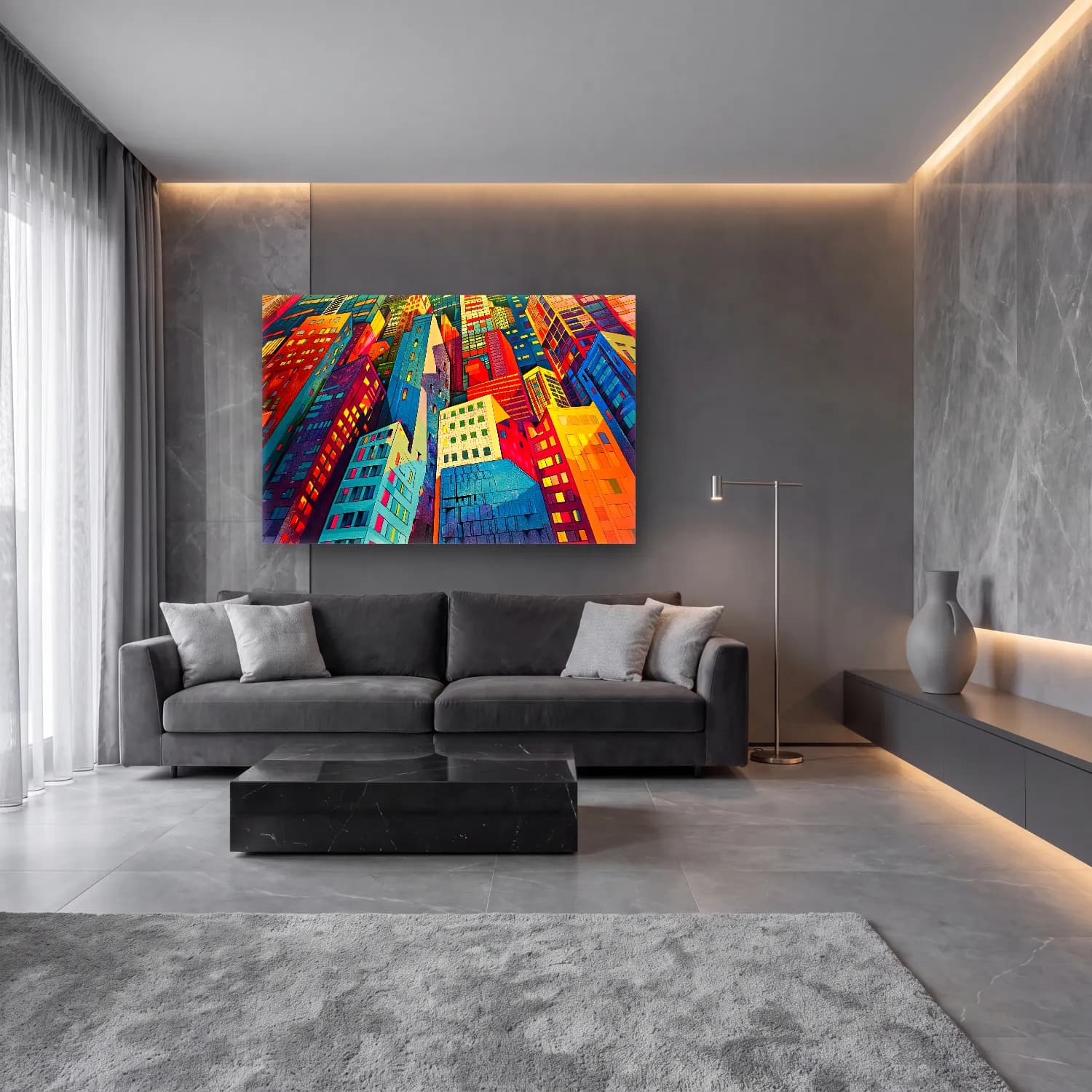 Maksimalist Gece Şehir No. 9 cam tablo — lüks salon duvarında