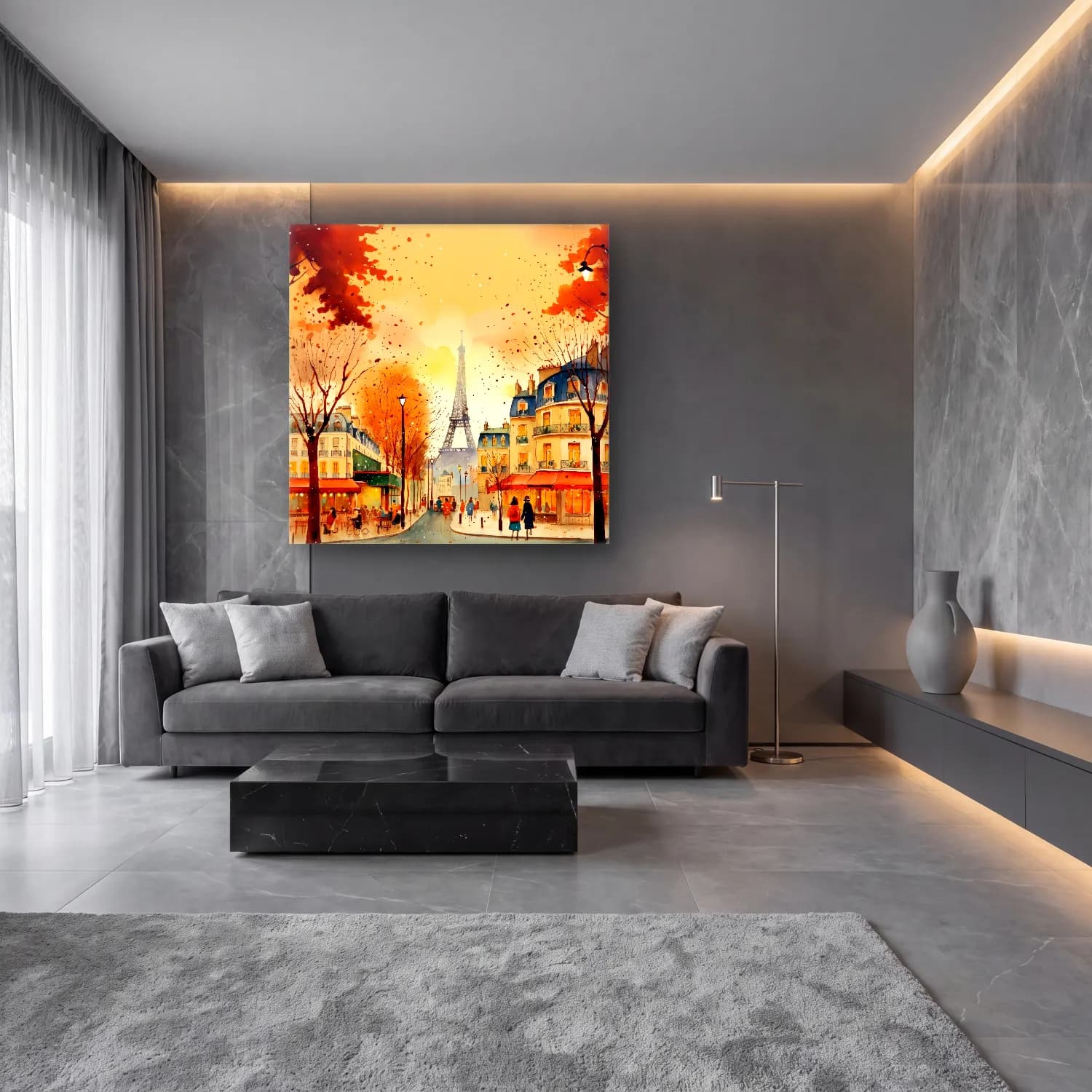 Suluboya Paris ve Eyfel Kulesi cam tablo — lüks salon duvarında