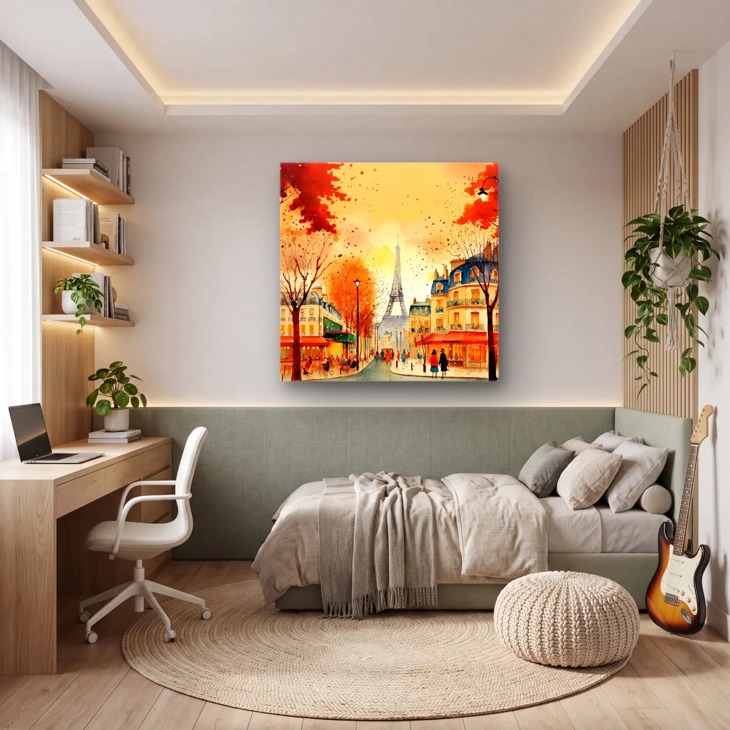 Suluboya Paris ve Eyfel Kulesi cam tablo — genç odasında