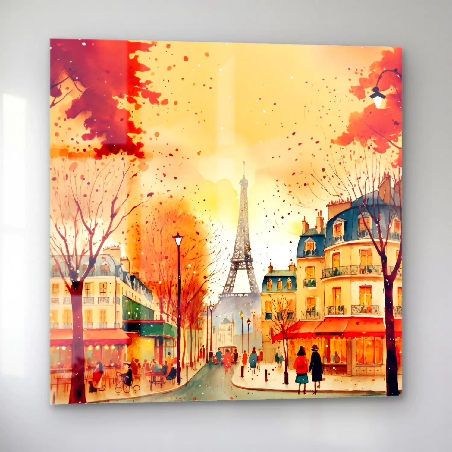 Suluboya Paris ve Eyfel Kulesi cam tablo — sol açıdan görünüm