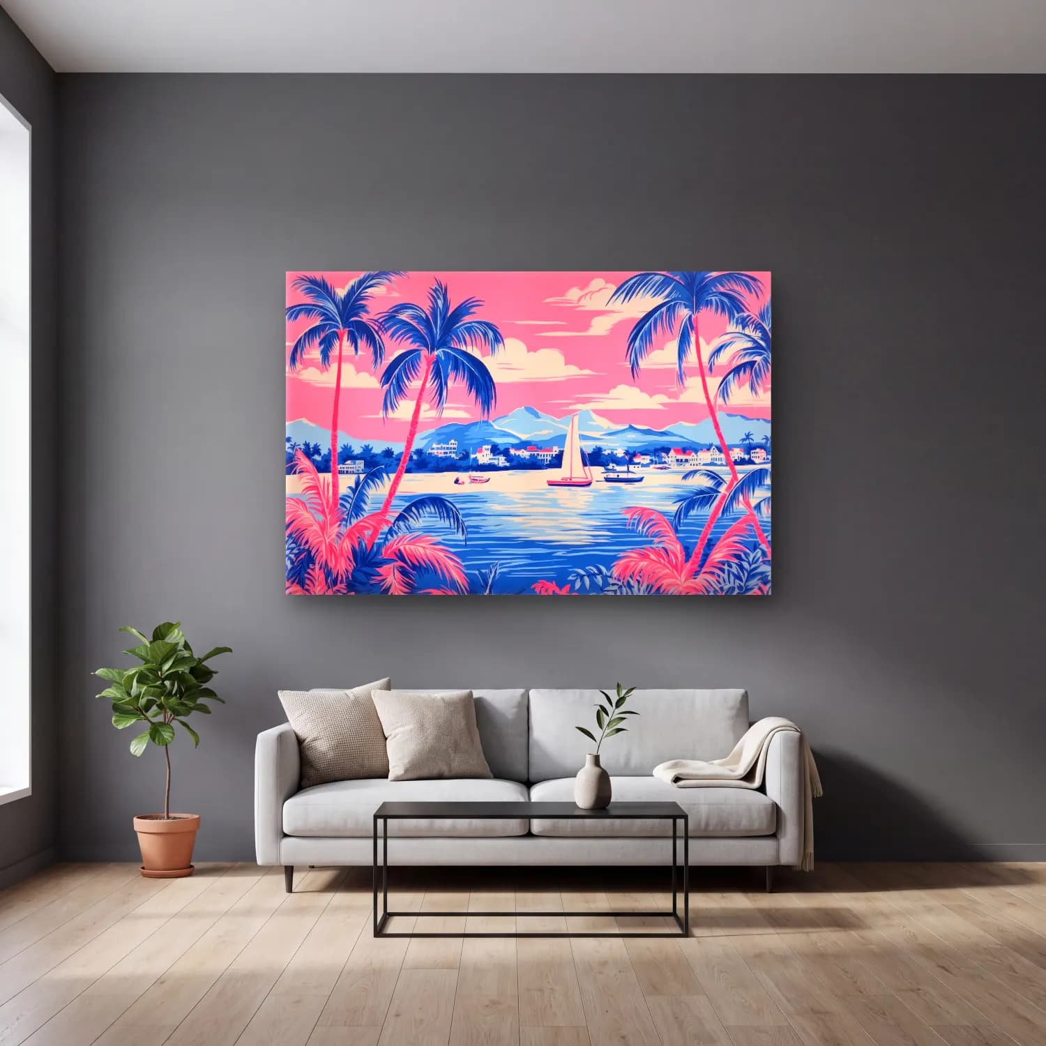 Pastel Palmiyeli Tropik Sahil No. 7 cam tablo — gri duvarlı salonda
