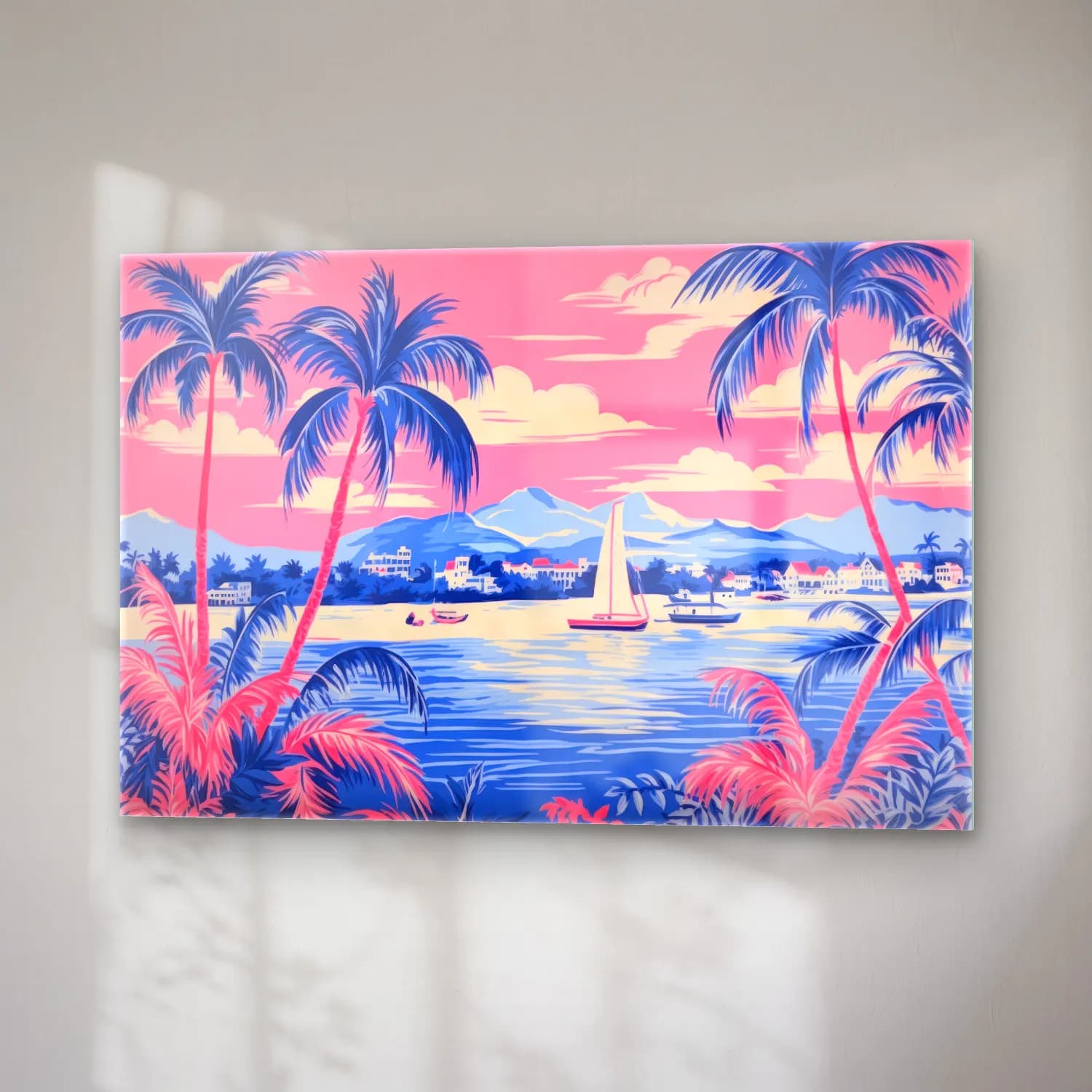 Pastel Palmiyeli Tropik Sahil No. 7 cam tablo — sağ açıdan görünüm