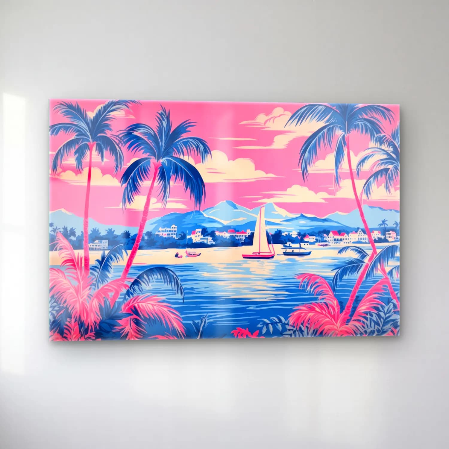 Pastel Palmiyeli Tropik Sahil No. 7 cam tablo — sol açıdan görünüm