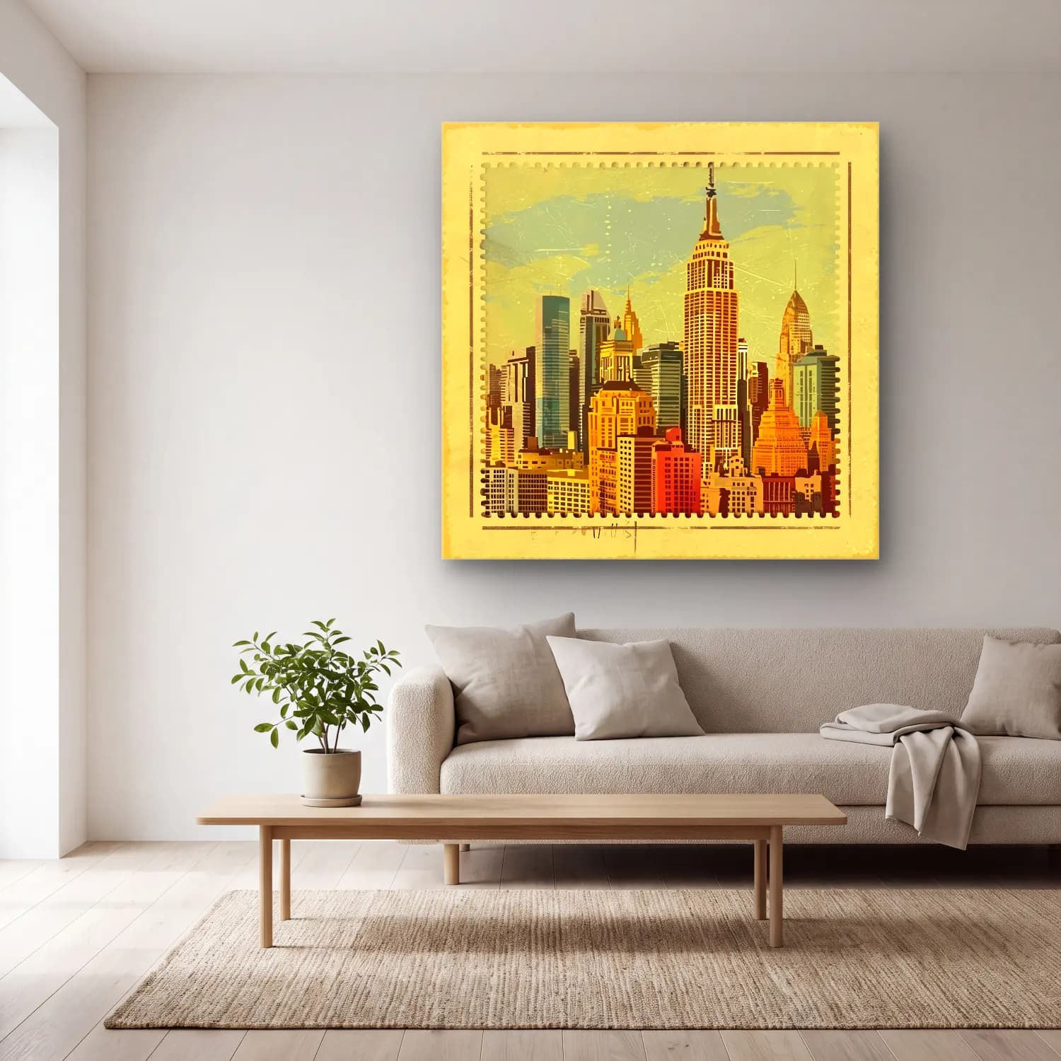 Vintage New York Silüeti – Bej Tonlar cam tablo — açık renk salonda