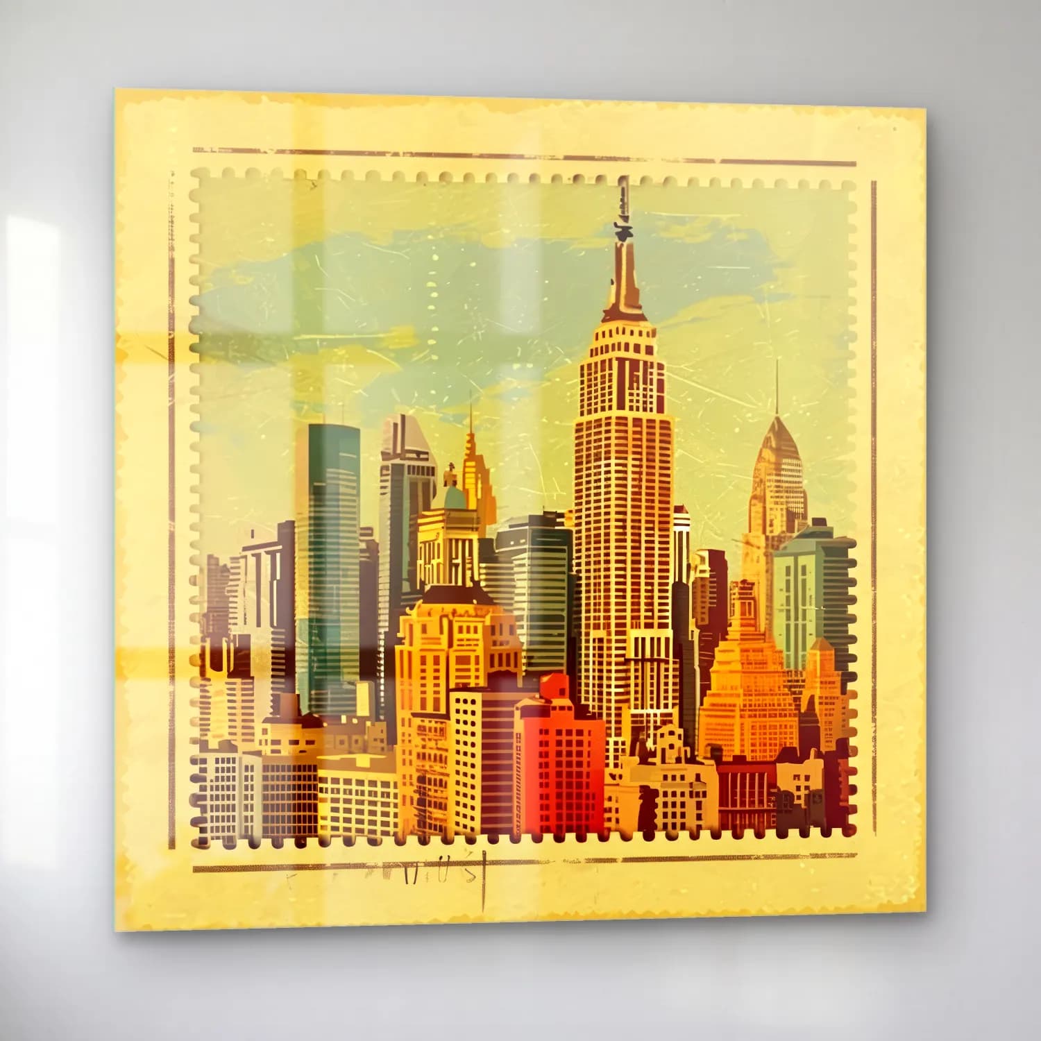 Vintage New York Silüeti – Bej Tonlar cam tablo — sol açıdan görünüm