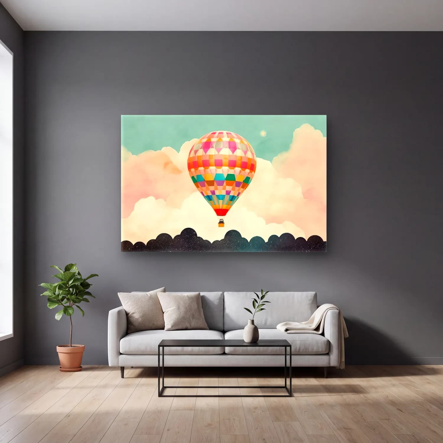 Vintage Sıcak Hava Balonu – Pastel Tonlar cam tablo — gri duvarlı salonda