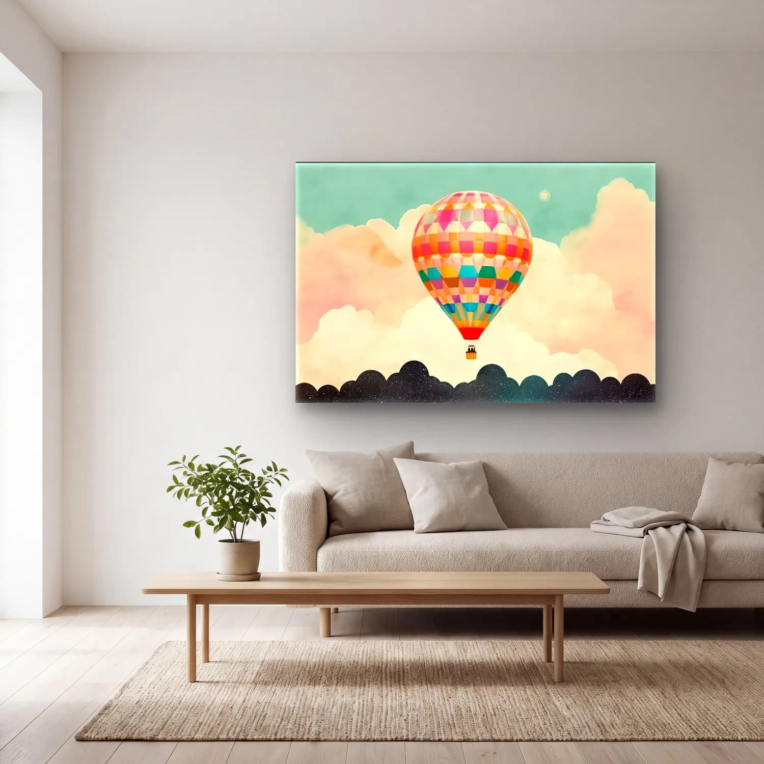 Vintage Sıcak Hava Balonu – Pastel Tonlar cam tablo — açık renk salonda