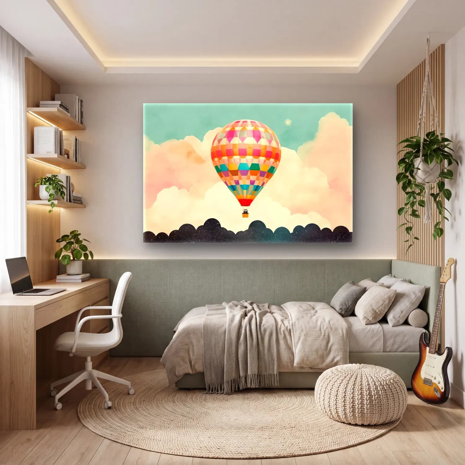 Vintage Sıcak Hava Balonu – Pastel Tonlar cam tablo — genç odasında
