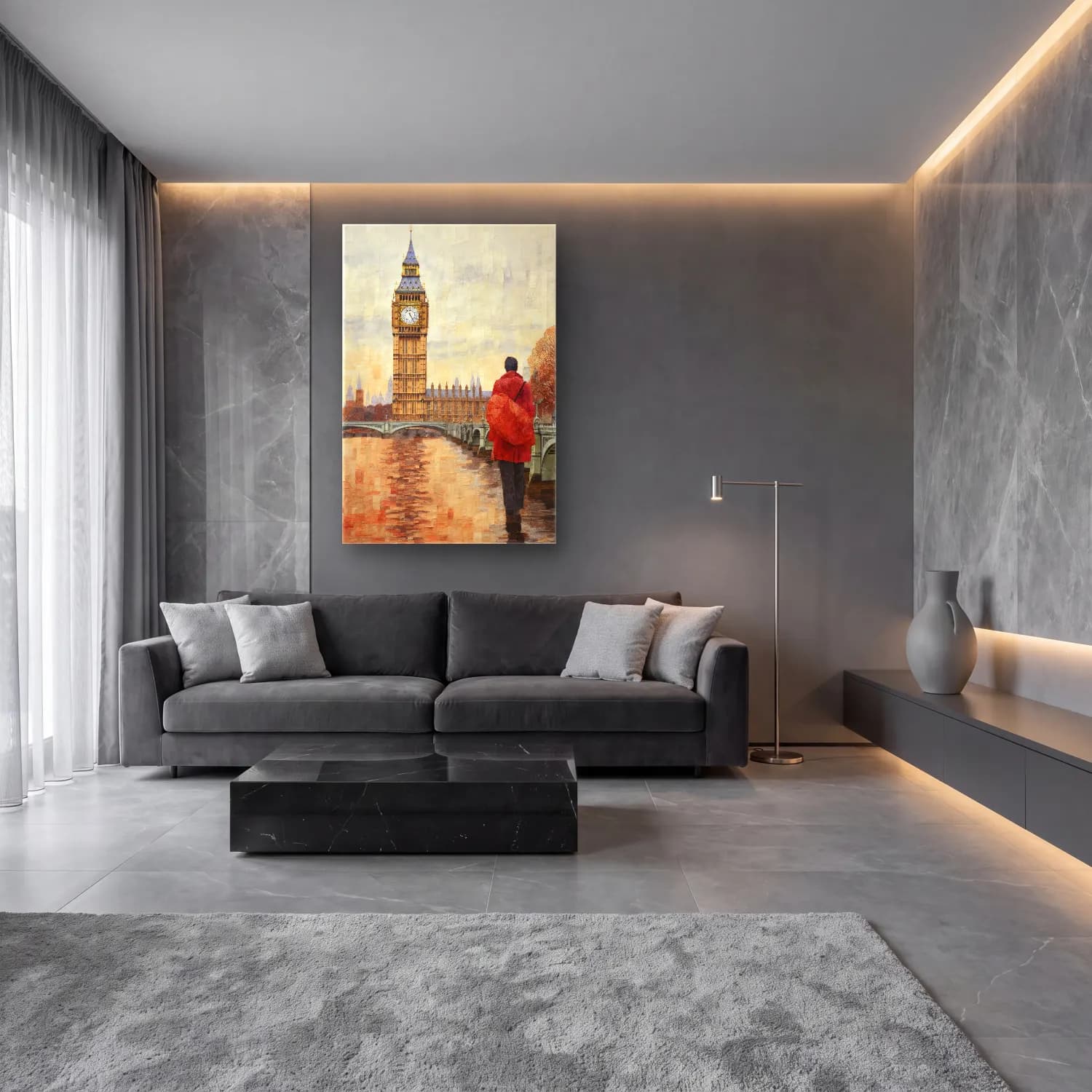 Yağlı Boya Londra No. 11 cam tablo — lüks salon duvarında