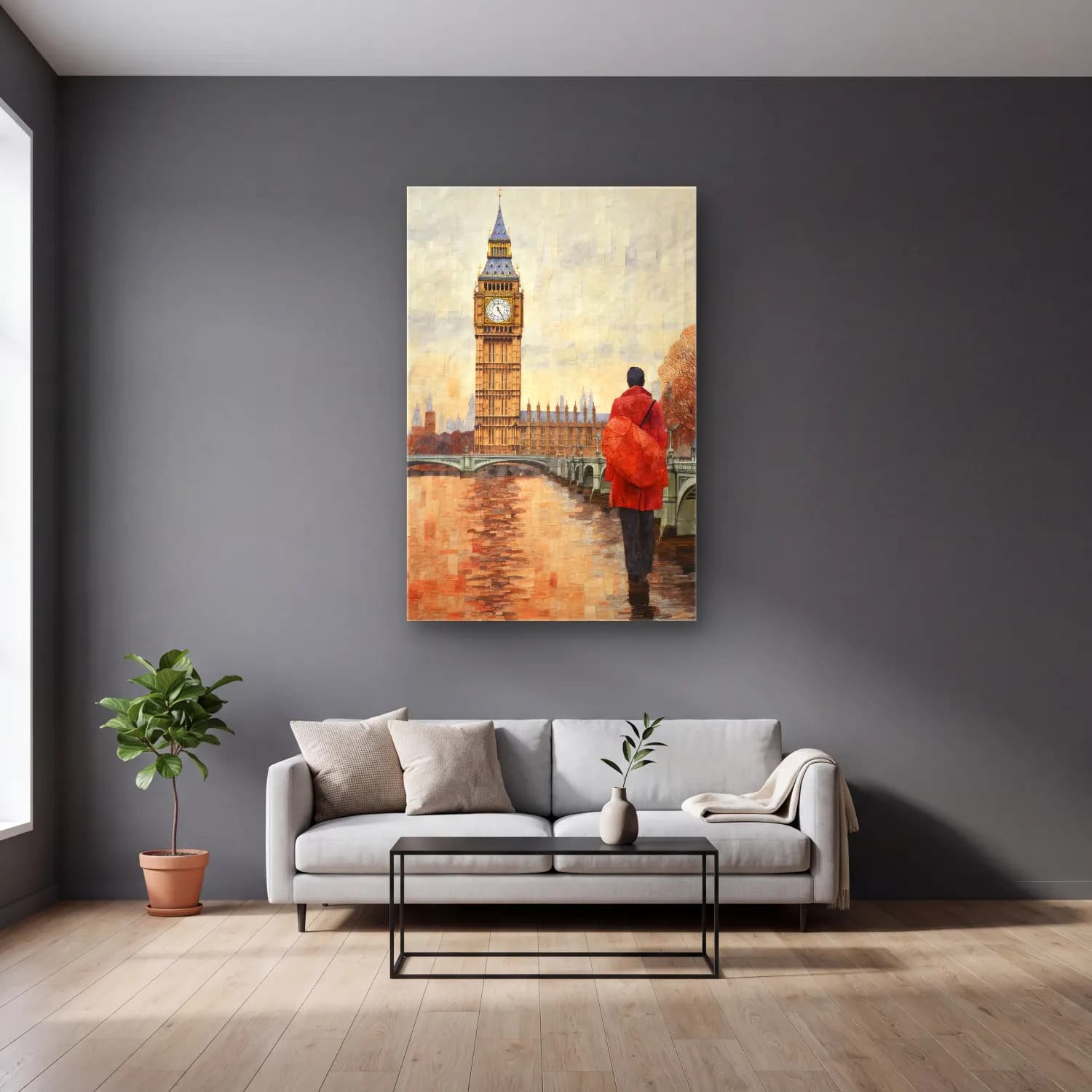 Yağlı Boya Londra No. 11 cam tablo — gri duvarlı salonda