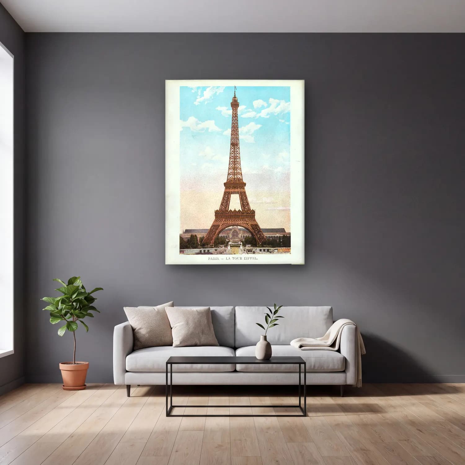 Vintage Paris ve Eyfel Kulesi – Pastel Tonlar cam tablo — gri duvarlı salonda