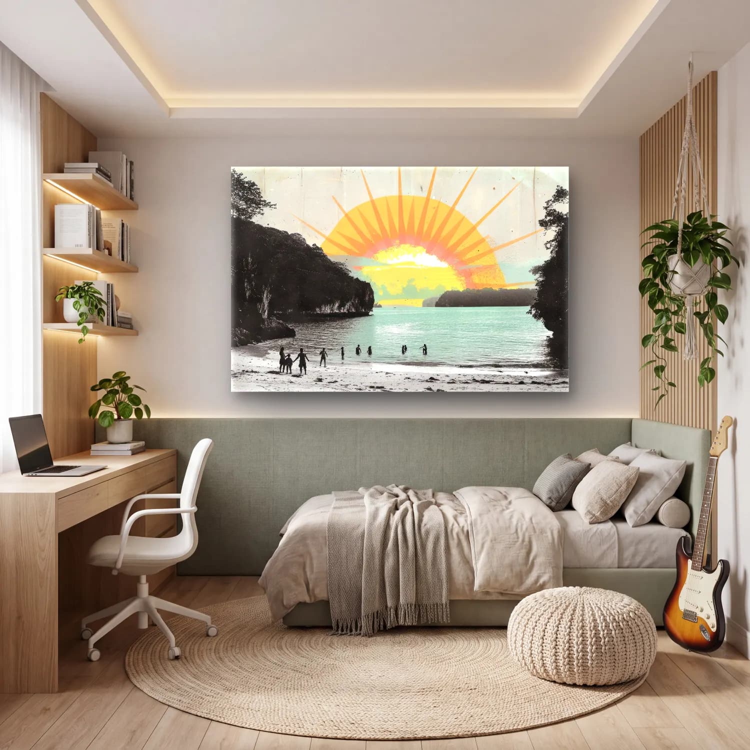 Vintage Sahilde İnsanlar No. 12 cam tablo — genç odasında