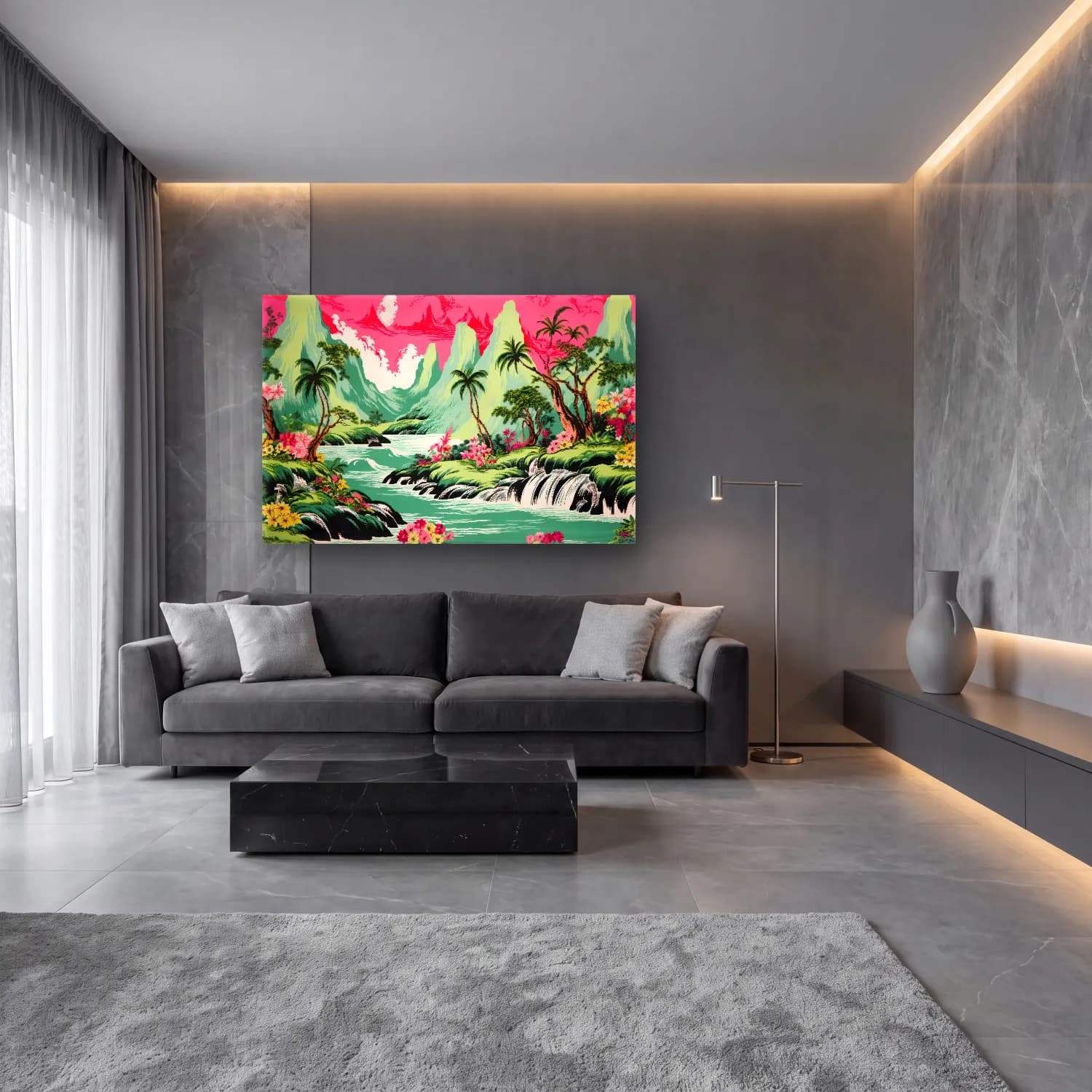 Pastel Şelale cam tablo — lüks salon duvarında