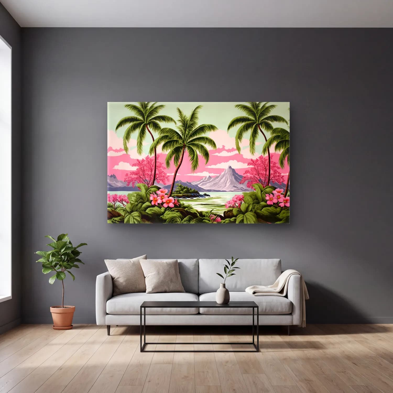 Pastel Palmiyeli Tropik Sahil No. 8 cam tablo — gri duvarlı salonda