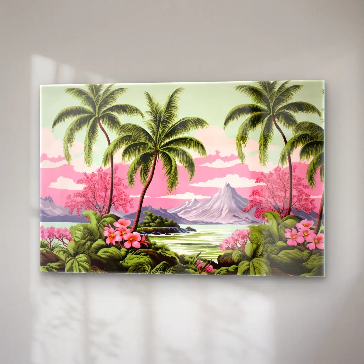 Pastel Palmiyeli Tropik Sahil No. 8 cam tablo — sağ açıdan görünüm