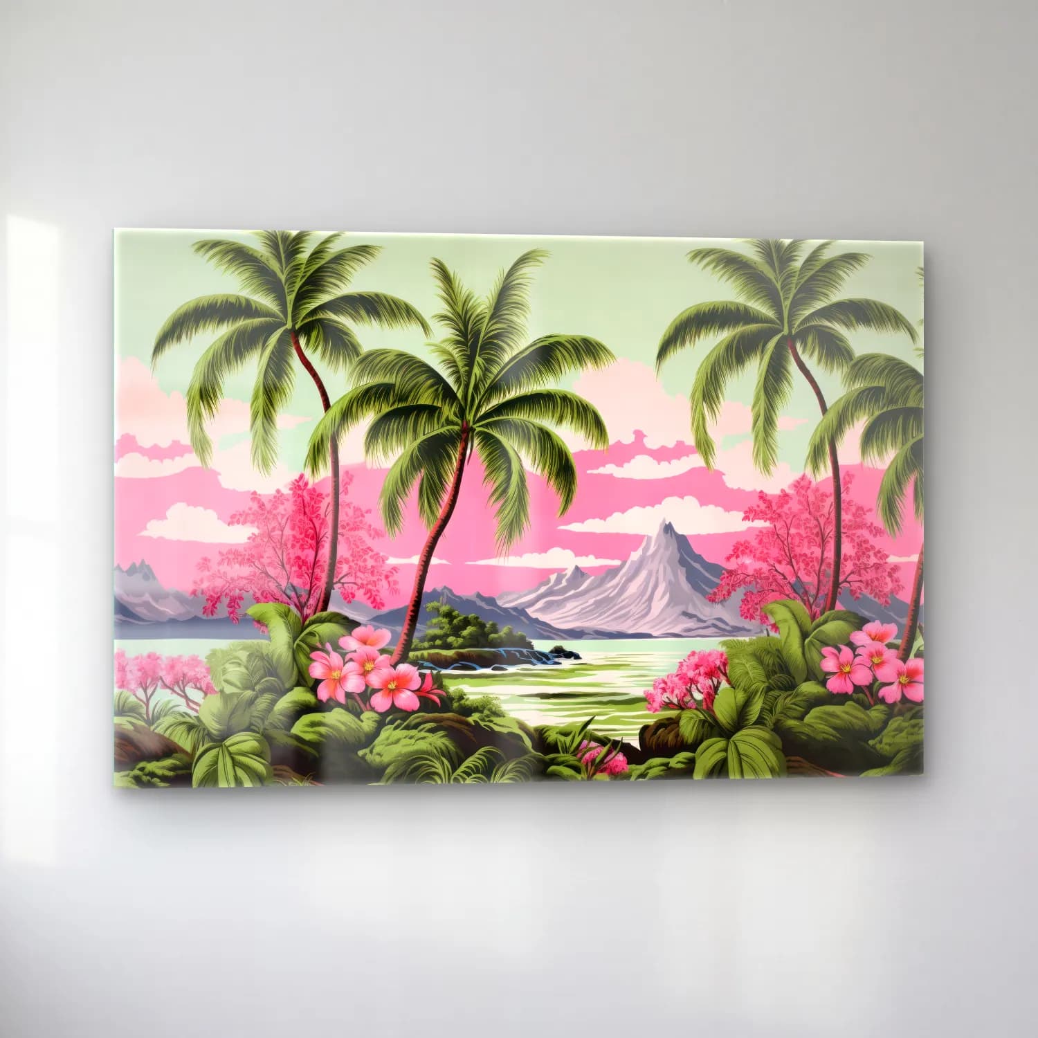 Pastel Palmiyeli Tropik Sahil No. 8 cam tablo — sol açıdan görünüm