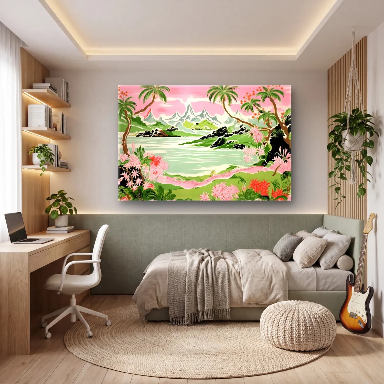 Pastel Göl ve Dağlar – Pembe Tonlar cam tablo — genç odasında