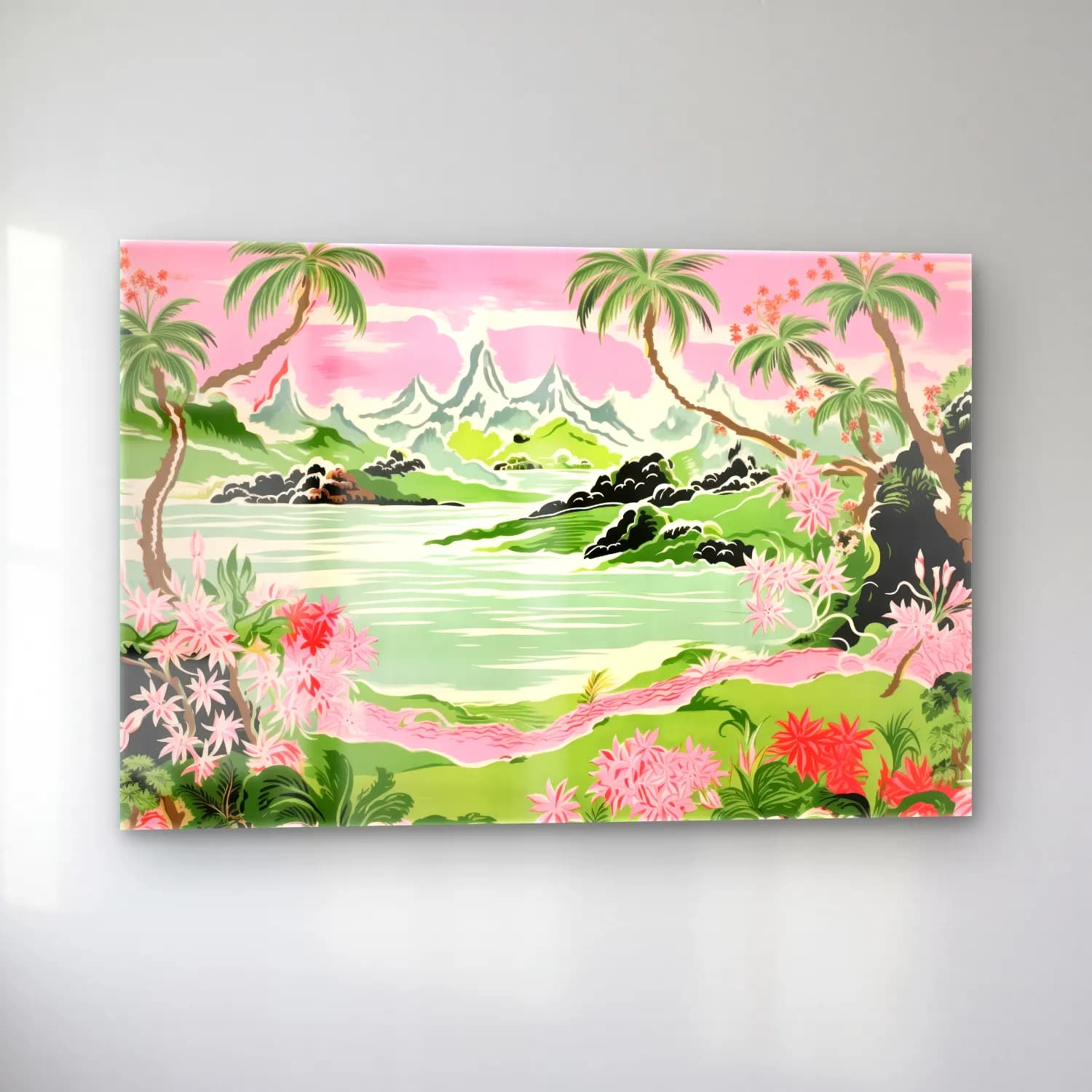Pastel Göl ve Dağlar – Pembe Tonlar cam tablo — sol açıdan görünüm