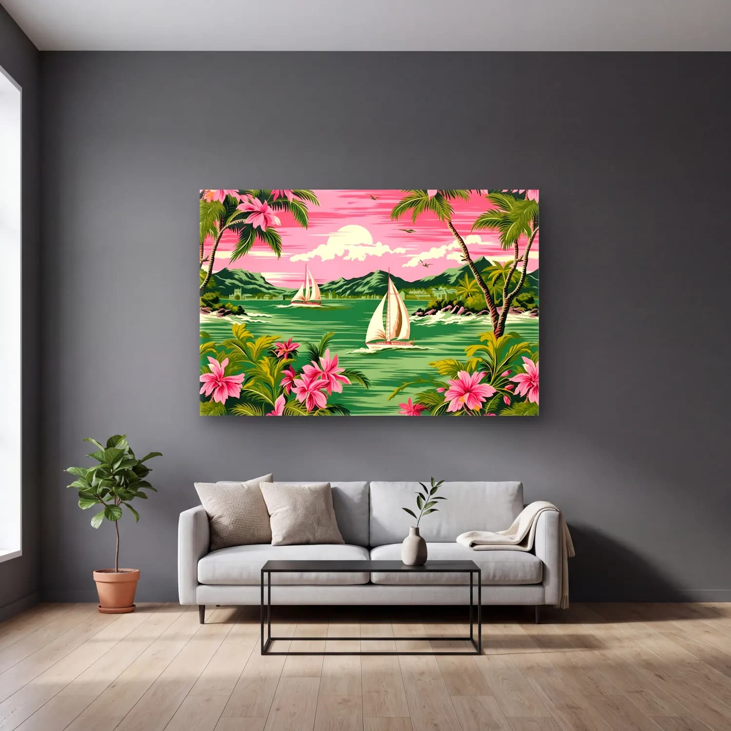 Pastel Yelkenliler – Pembe Tonlar cam tablo — gri duvarlı salonda