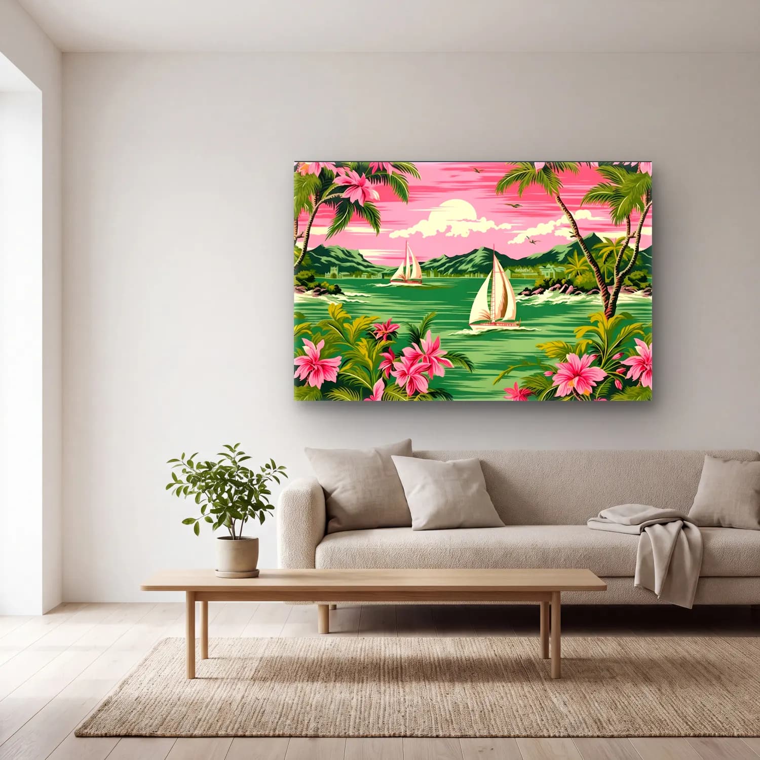 Pastel Yelkenliler – Pembe Tonlar cam tablo — açık renk salonda