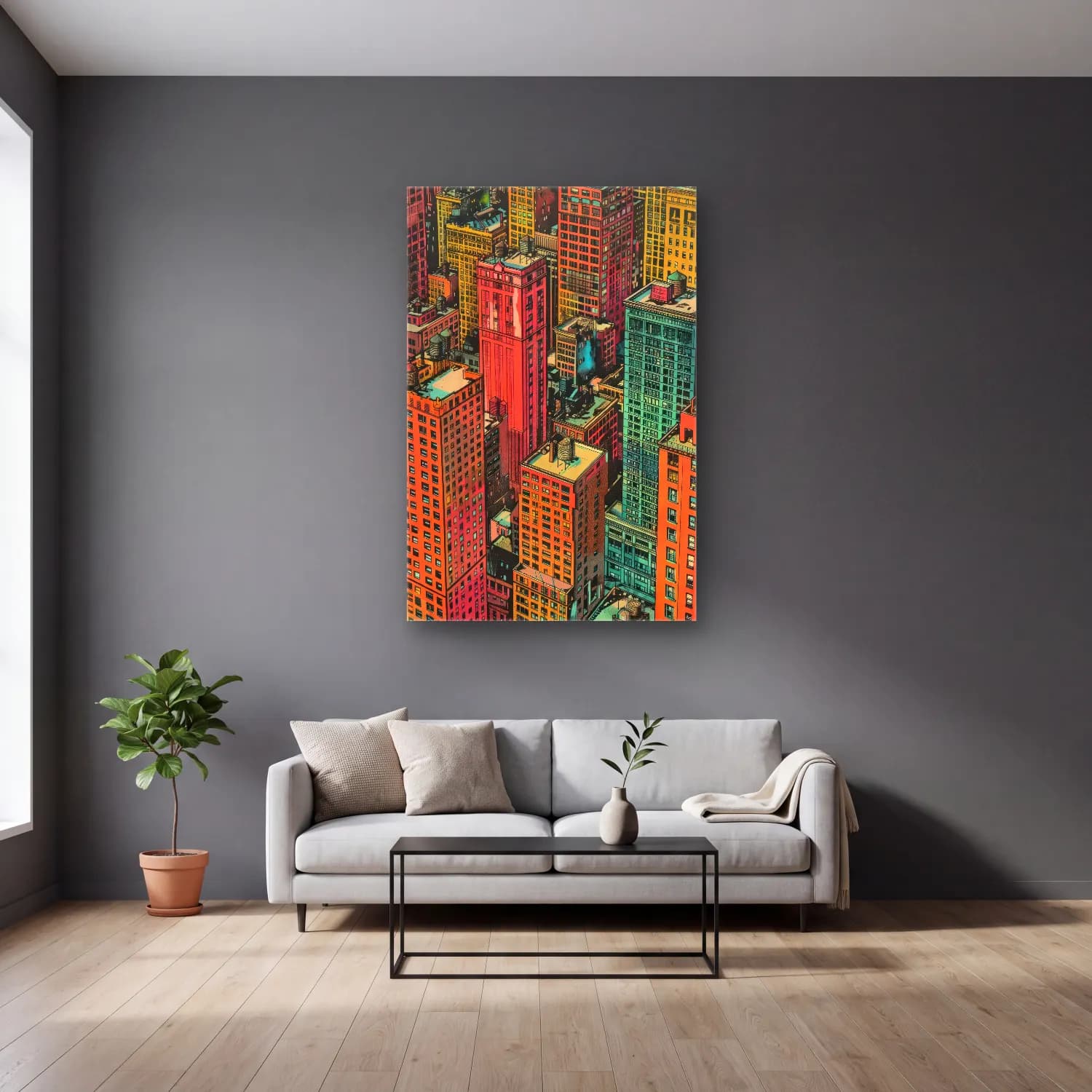 Pop Art New York Silüeti – Turkuaz Tonlar cam tablo — gri duvarlı salonda