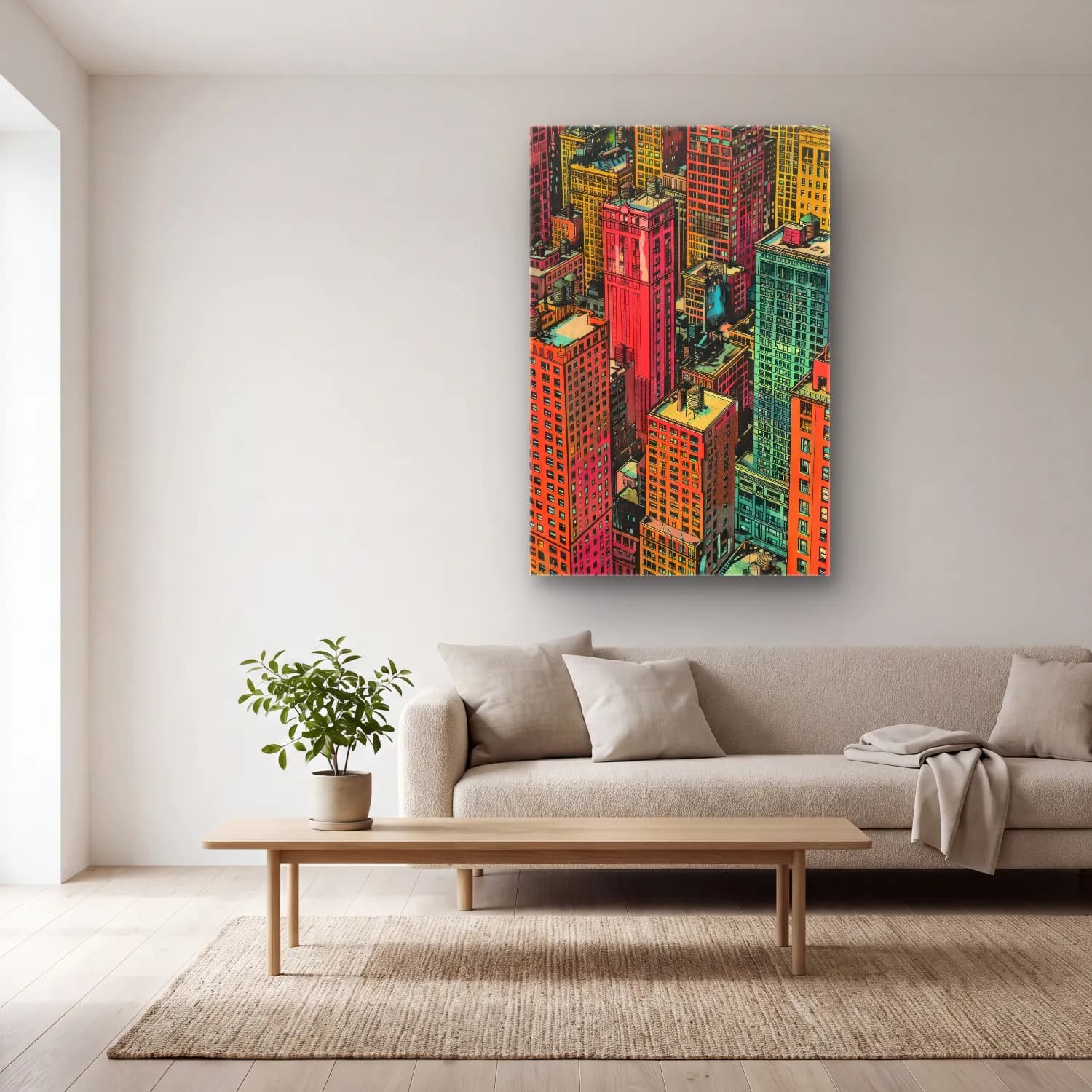 Pop Art New York Silüeti – Turkuaz Tonlar cam tablo — açık renk salonda