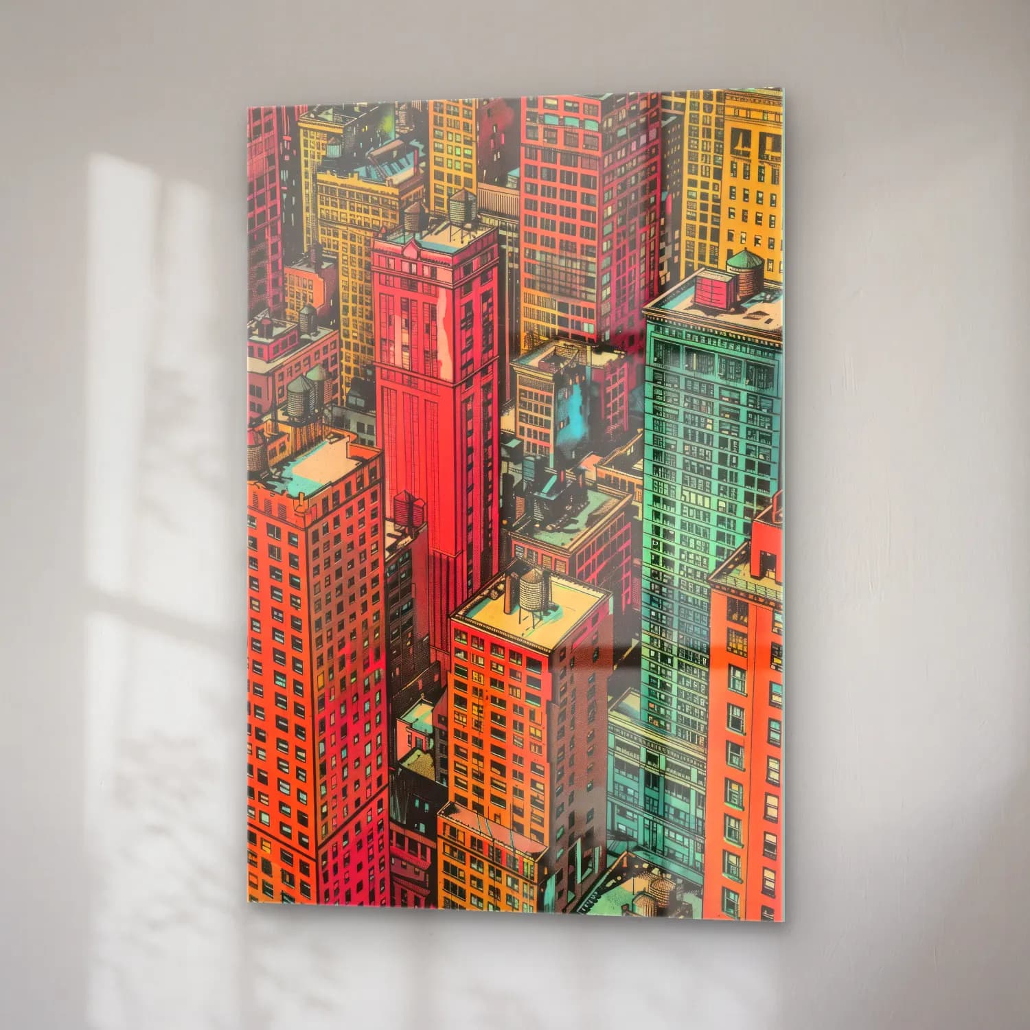 Pop Art New York Silüeti – Turkuaz Tonlar cam tablo — sağ açıdan görünüm
