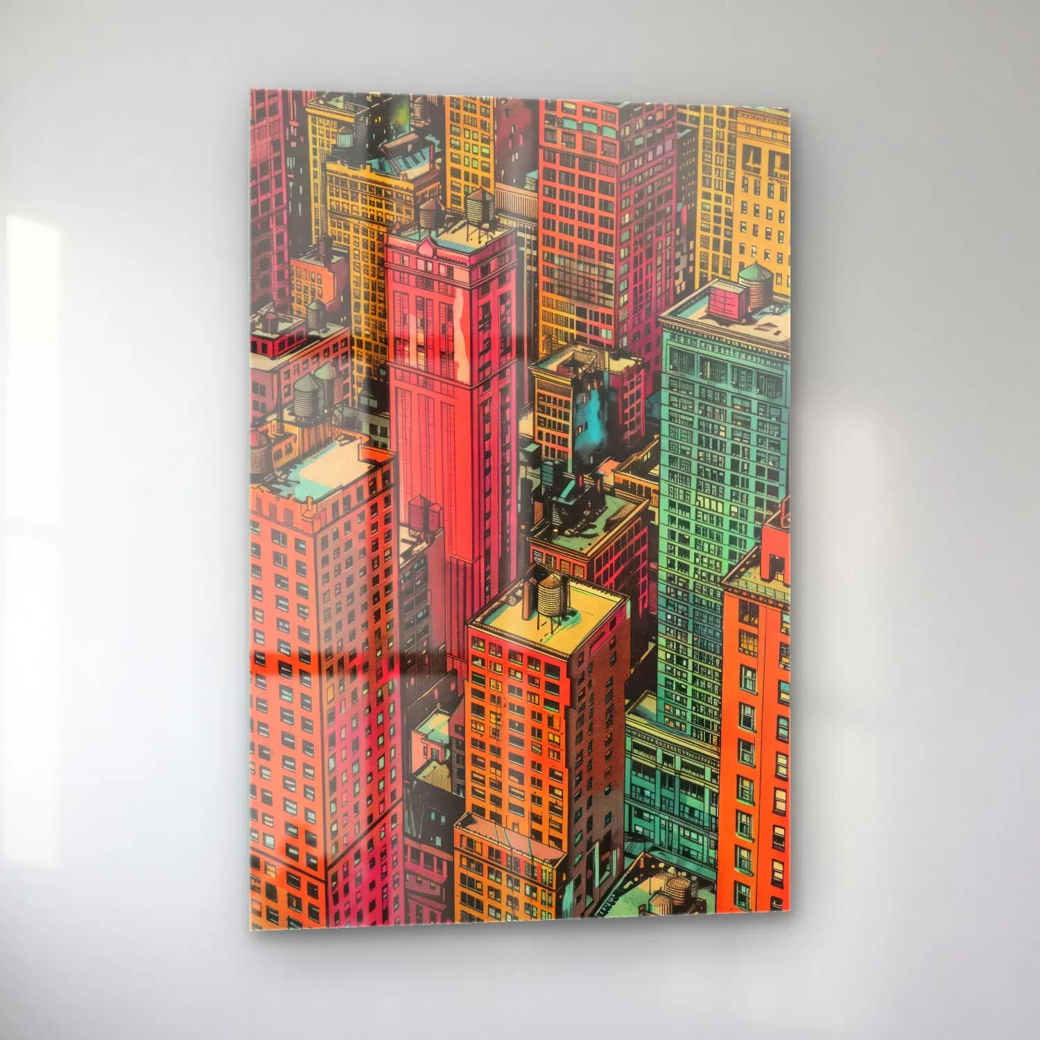 Pop Art New York Silüeti – Turkuaz Tonlar cam tablo — sol açıdan görünüm