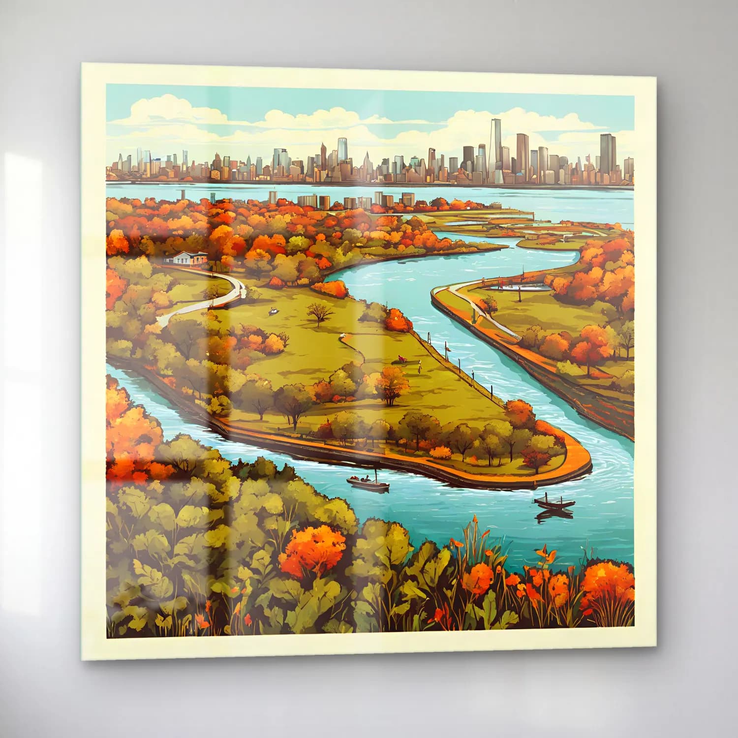 Vintage New York Silüeti No. 7 cam tablo — sol açıdan görünüm